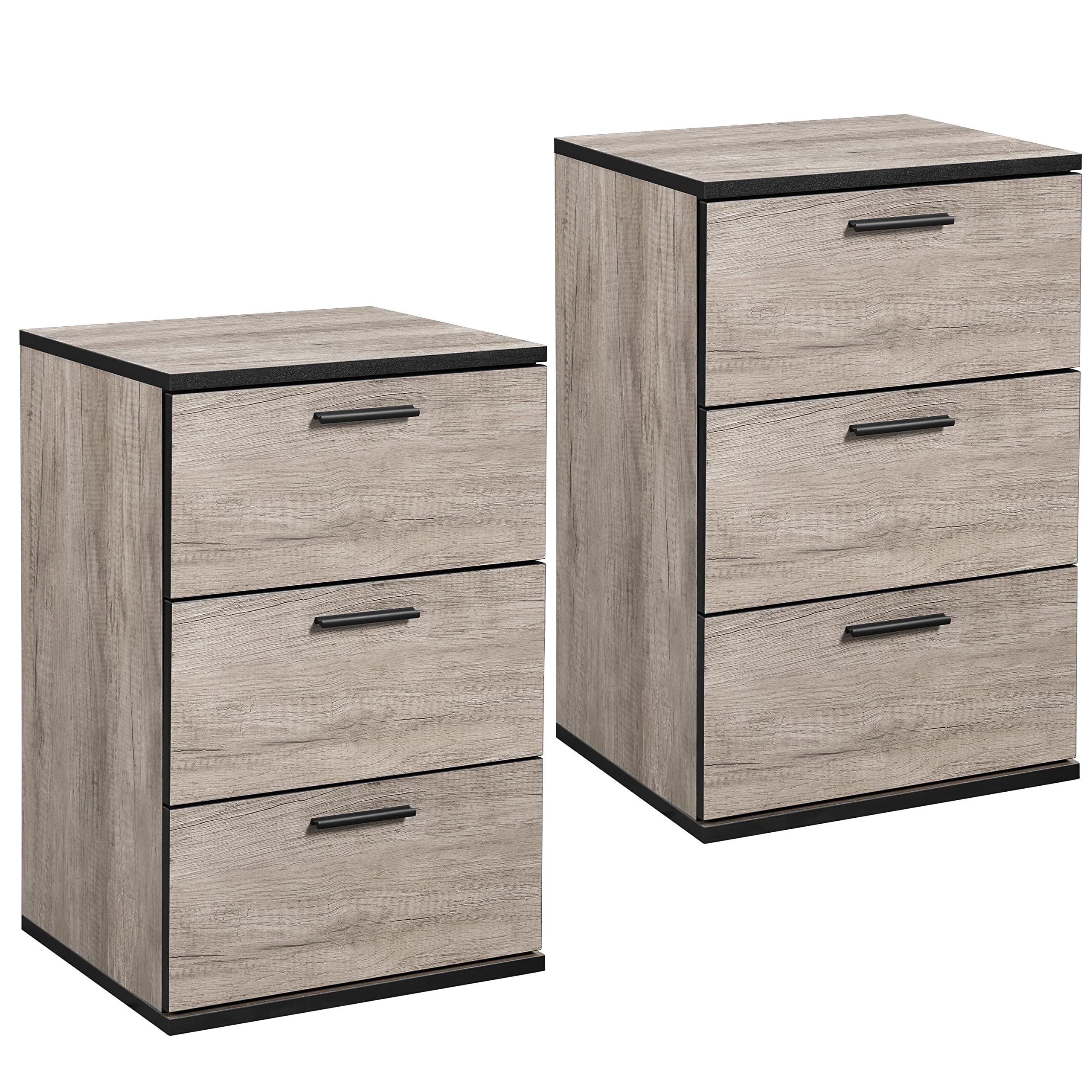 Yaheetech 2 x Nachttisch Nachtschrank Nachtkommode 3 Schubladen 60cm hoch Schubladenschrank Beistelltisch Metallgriffe Nachtkonsole für Schlafzimmer/Wohnzinmmer, Grau