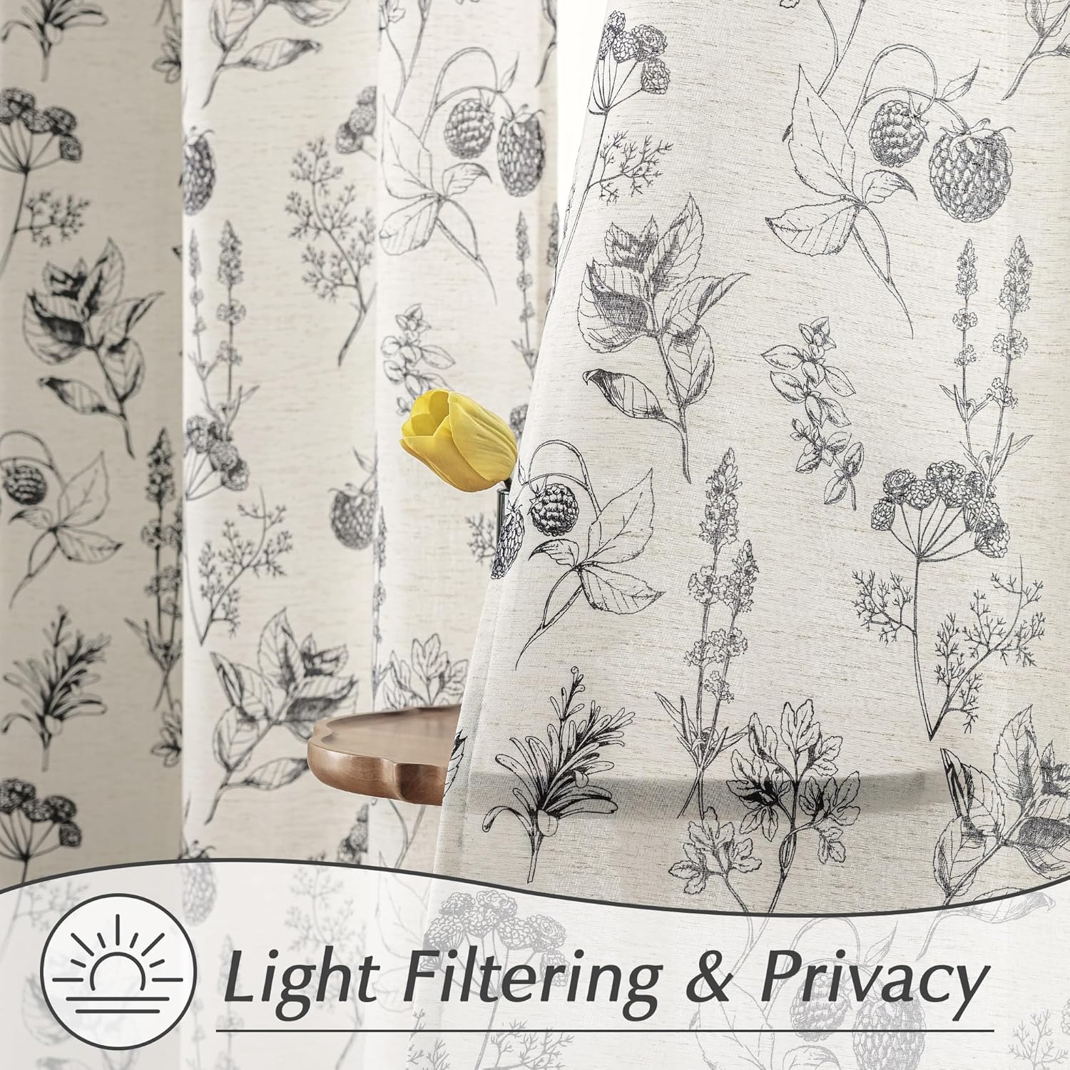 FMFUNCTEX Linen Curtains Floral Patterned Curtain for Bedroom Living Room, Black Curtains 96 Inches Long Farmhouse, Light Filtering Beige Window Curtain Grommet Top 2 Panels Set