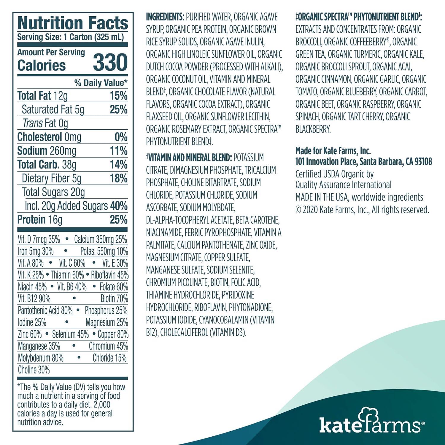 Kate Farms Organic Nutrition Shakes, Vegan Nutrient Dense Meal Replacement Drinks, Protein Shake or Supplemental Snack, Made Without Gluten, Soy, Dairy, or Corn (Chocolate, Case of 12) : Grocery & Gourmet Food