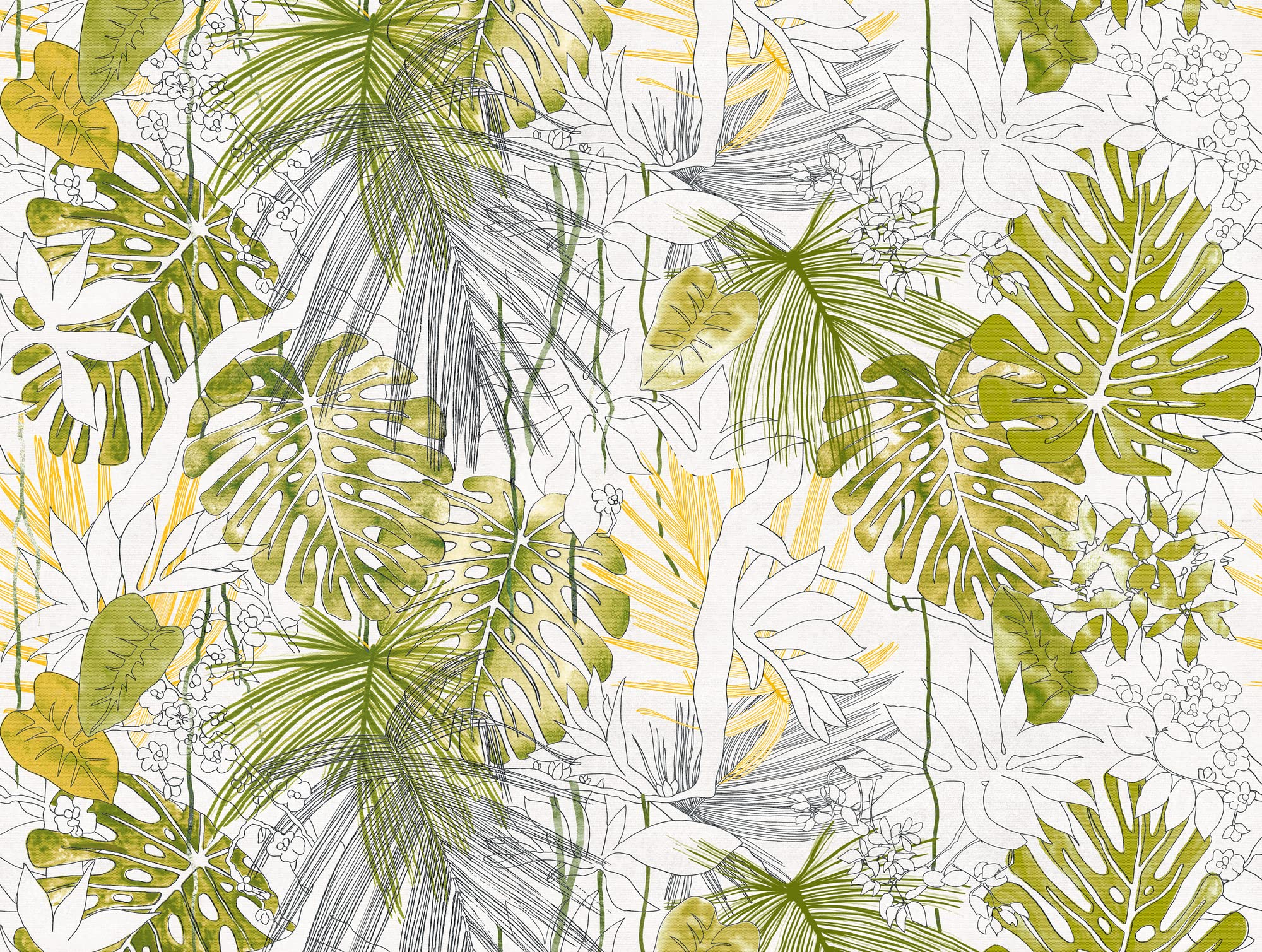 Livingwalls Tapeta z dżungli, zielona, biała, naturalna, fototapeta, liście 382321, nowoczesna tapeta na fizelinie 3,71 x 2,80 m, wyprodukowano w Niemczech