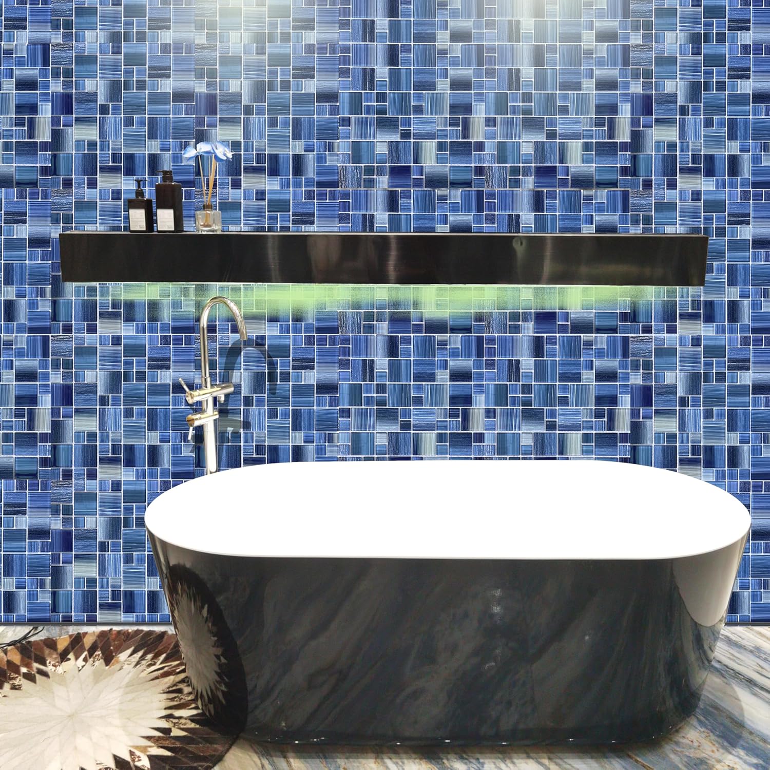 Glass Mosaic Tile,Hand-Painted,12”X12” Ocean Blue, Glossy &Textured, Resistant Fading and Scratch for Pool Tiles,Kitchen Backsplash,Bathroom, Shower, Waterline, Fountain, Spa (5 Sheets,5 Sq.Ft.)