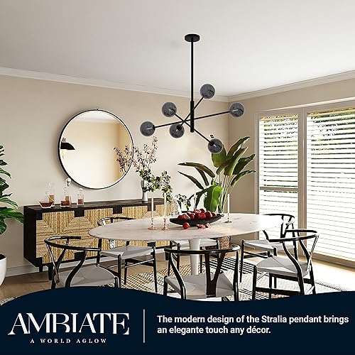 Miniatura 4 de Stralia Lámpara de araña, acabado negro, pantallas de globo de vidrio ahumado, diseño Sputnik, altura ajustable, seis enchufes G9 (15 W máximo),