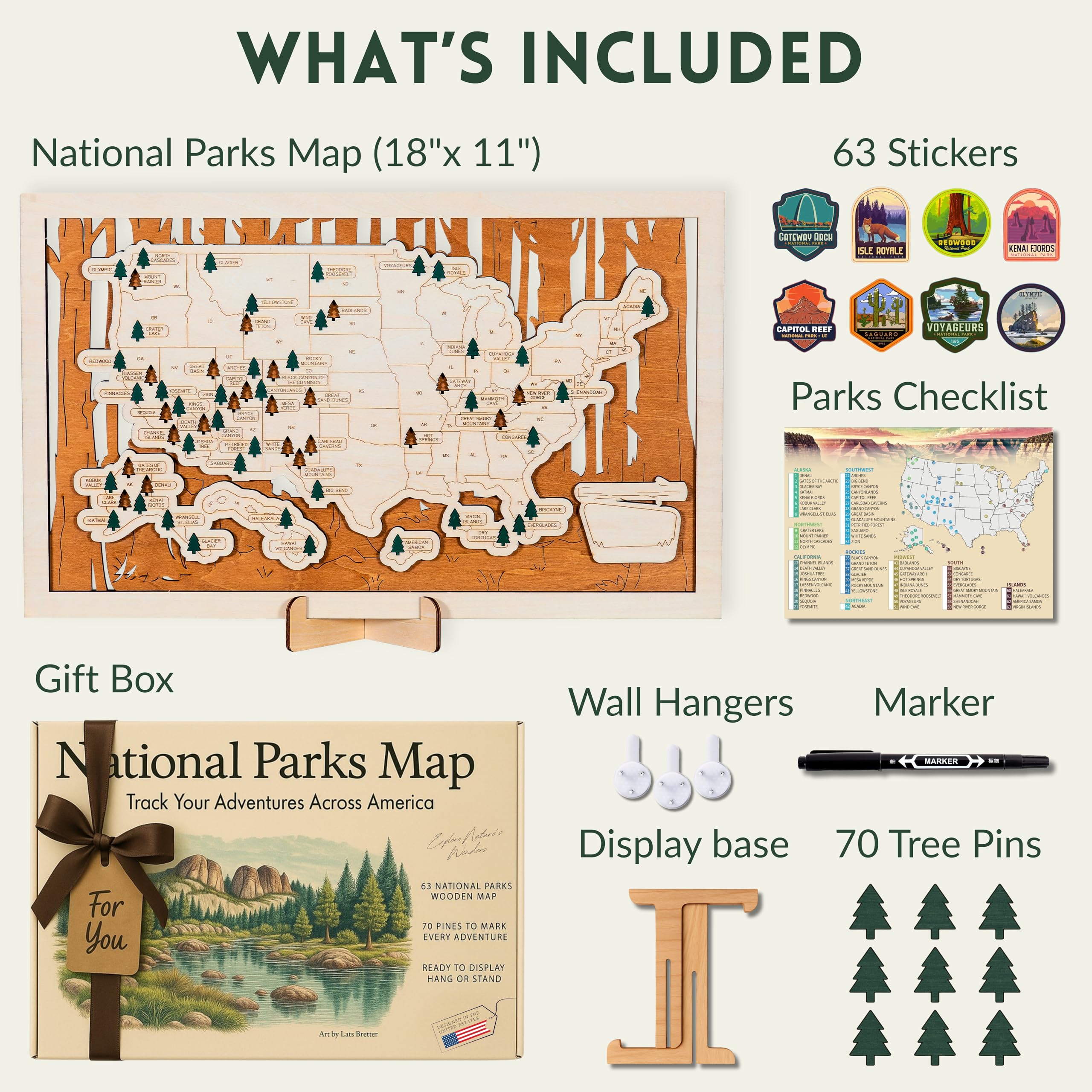 Real Park Maps Example US 3D Wooden National Parks Travel Map With Trees To Record Park Visits ...