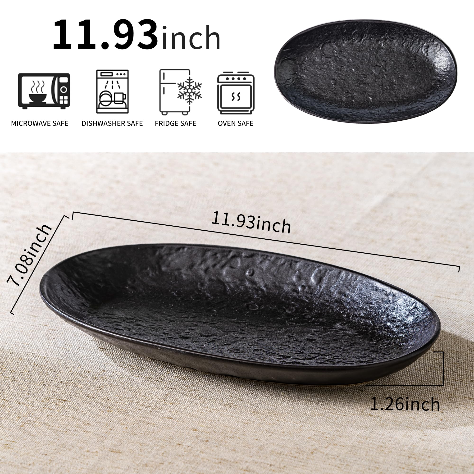 Juego de platos ovalados de cerámica de alta calidad de 12 pulgadas para entretenimiento, acabado mate texturizado, vajilla moderna para cenas elevadas (paquete de 2 negro)