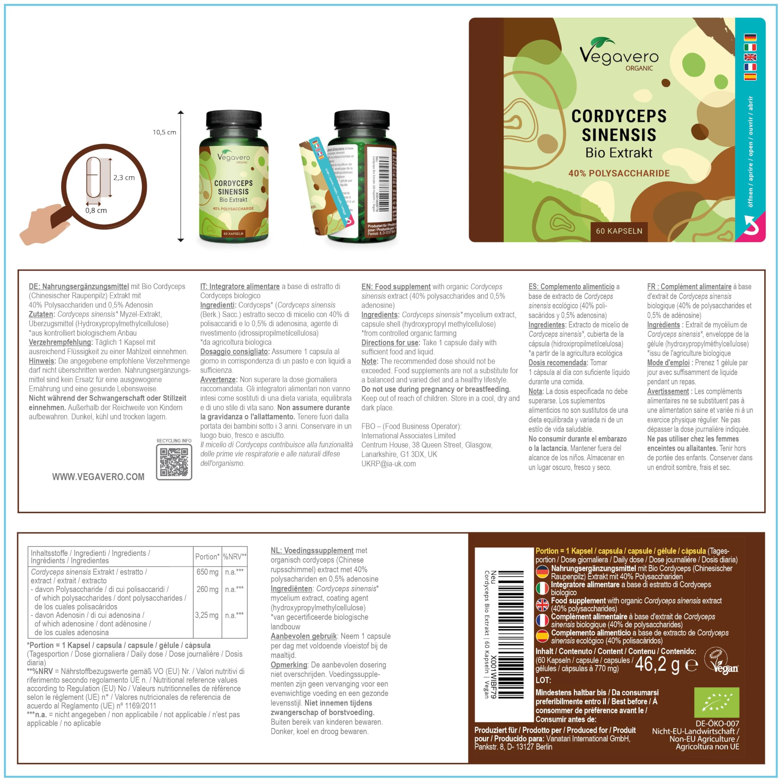 Cordyceps Sinensis BIO | Unique : Extrait Biologique (20:1) – 13000 mg de Poudre CS-4 | Adaptogène + Immunité | Sans Additifs & Vegan | Vegavero®