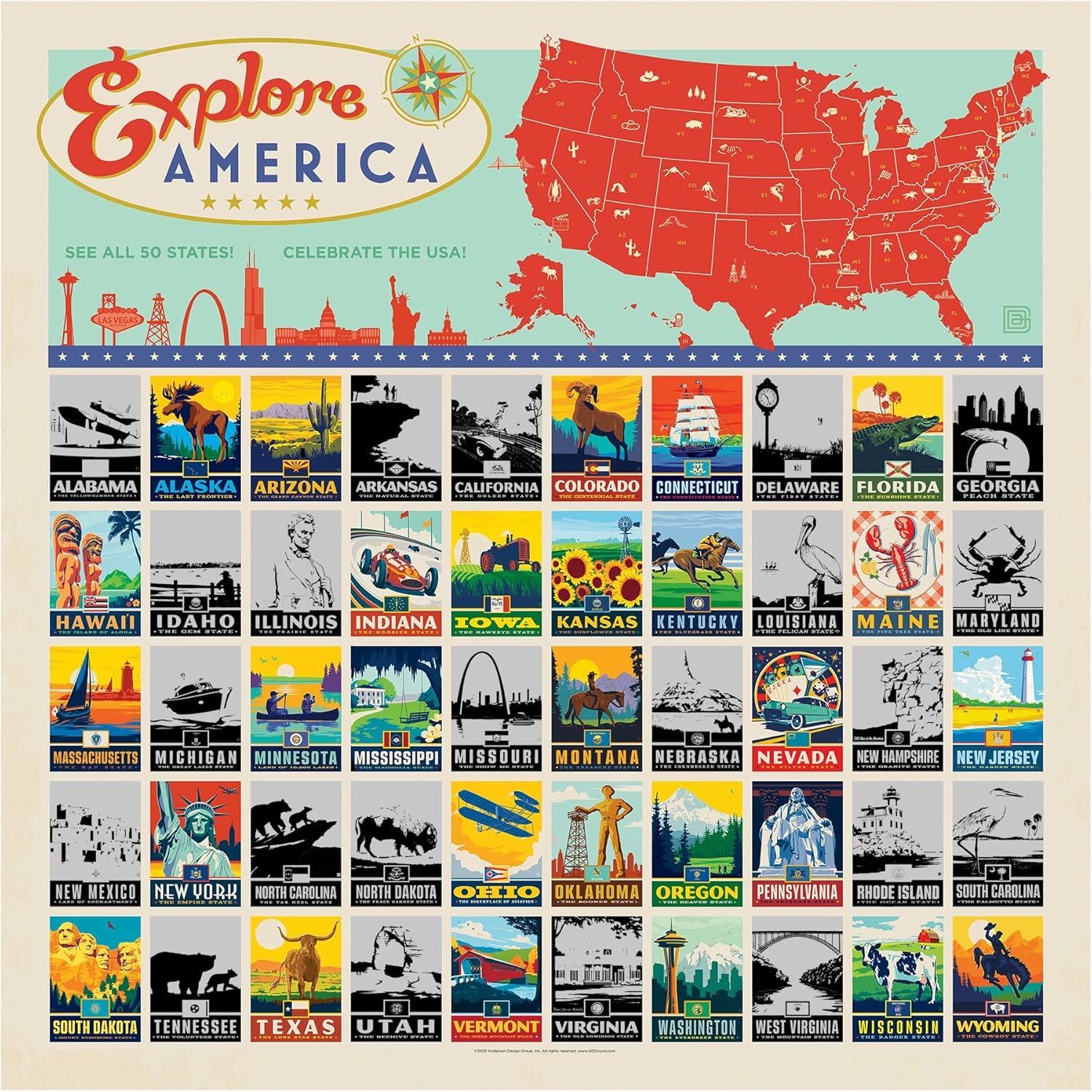 Americanflat National Park Scratch Off Poster - Scratchable List of 50 States Across USA - 24"X24" Scratch Off Poster and US State Checklist with Full Color Travel-Style Icons 24L" x 24W"