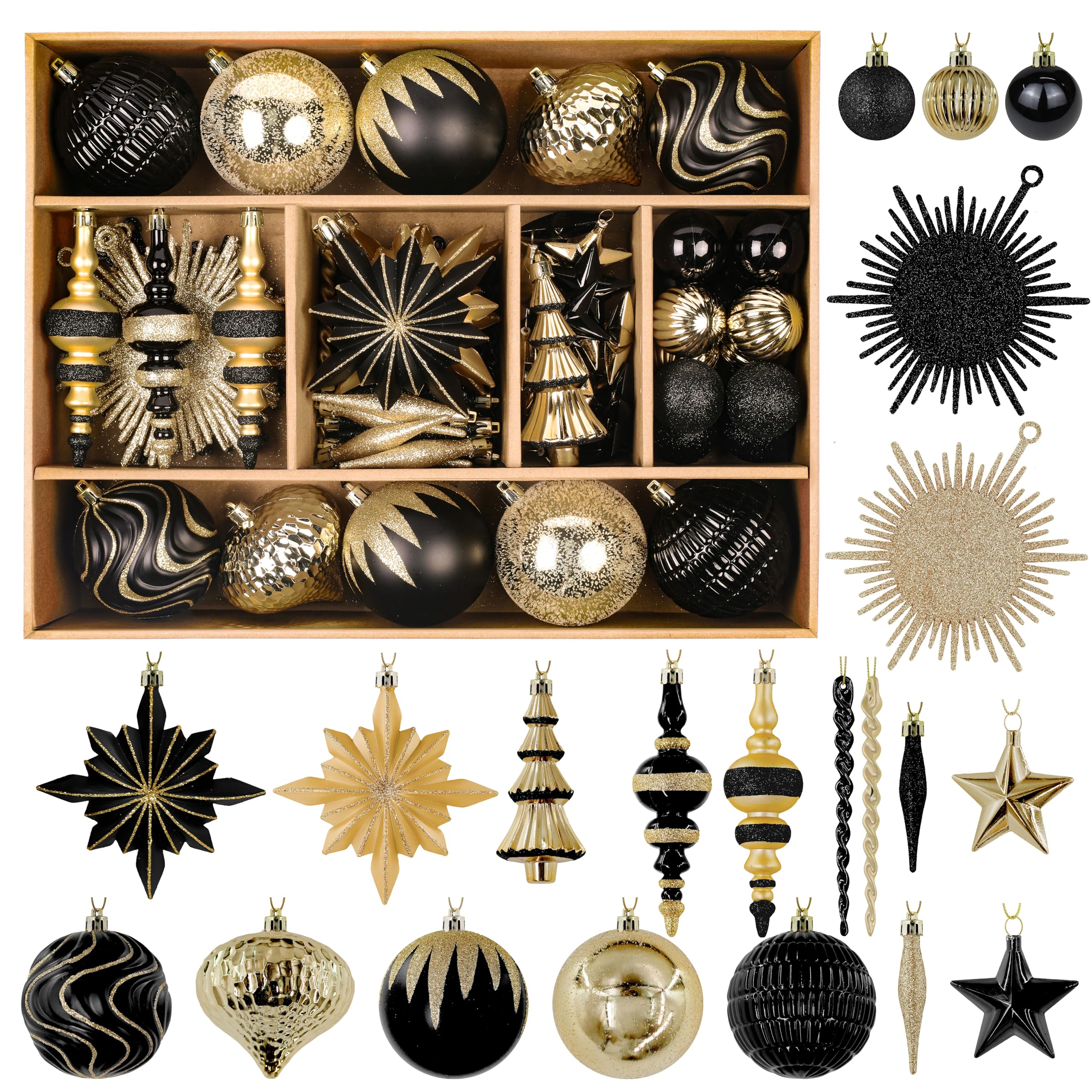Alupssuc 80pcs Christmas Balls Ornaments Set, Shatterproof Plastic Baubles Christmas Pendant for Xmas Tree, Holiday Wedding Party Decoration with Lanyards Included, Black and Gold