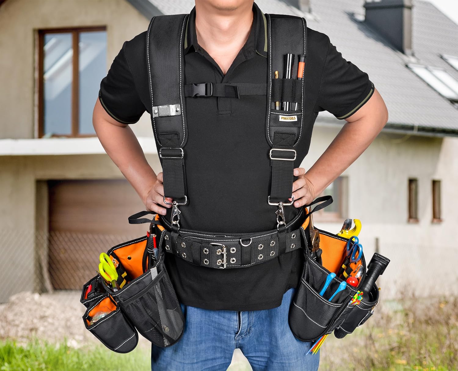 Professional 7-Piece Carpenter Electrician Tool Belt with Soft Padded Suspender for Men，Heavy Duty Construction, 35 Pockets，36"-50" (7, Tool Belt Set 7Pcs)
