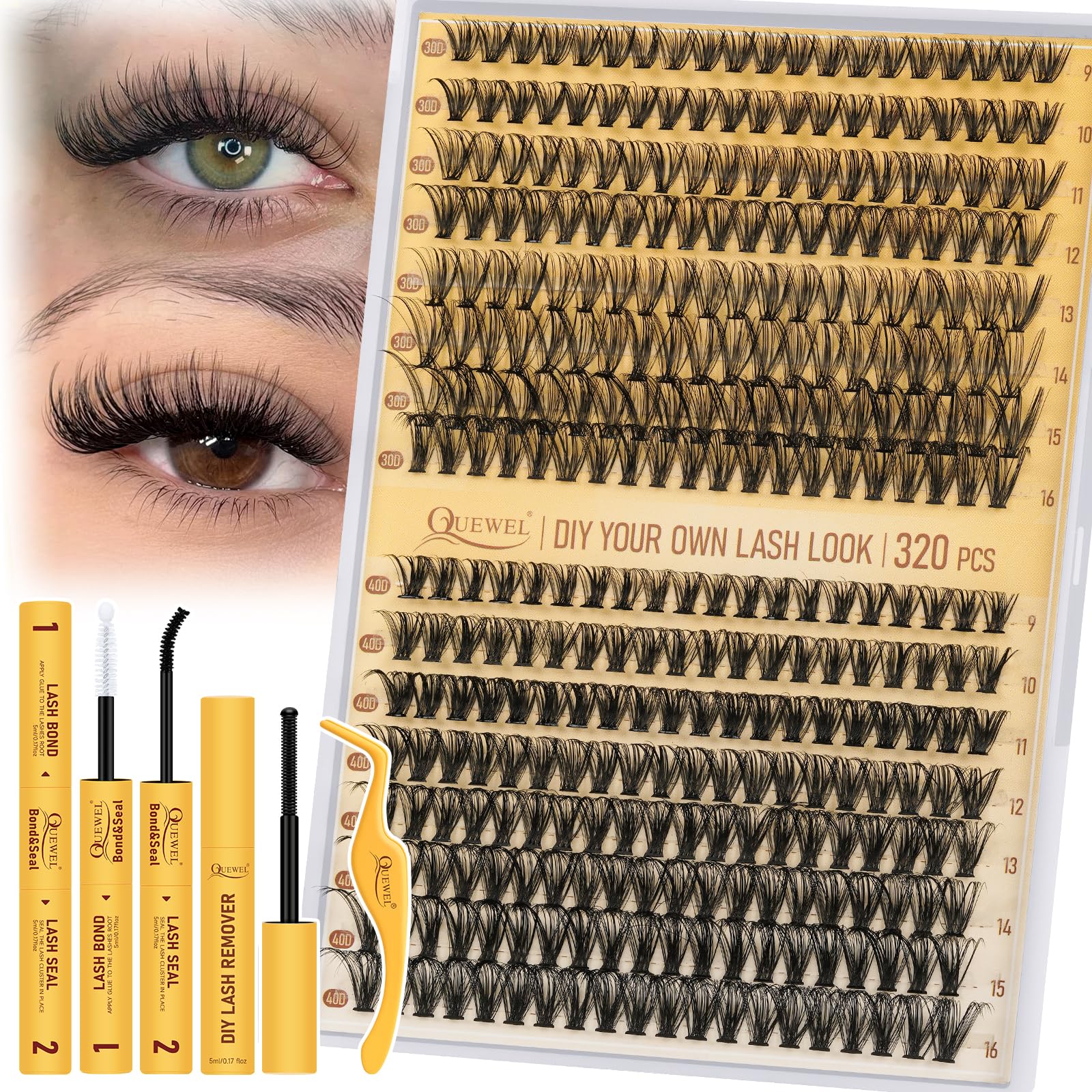 QUEWEL Clusters Lashes Kit 320 Pcs Individual-Lashes, Lash-Clusters Bond and Seal Waterproof, Eyelash Cluster Applicator with Glue Remover for Natural Look(QD-30D+40D-kit)