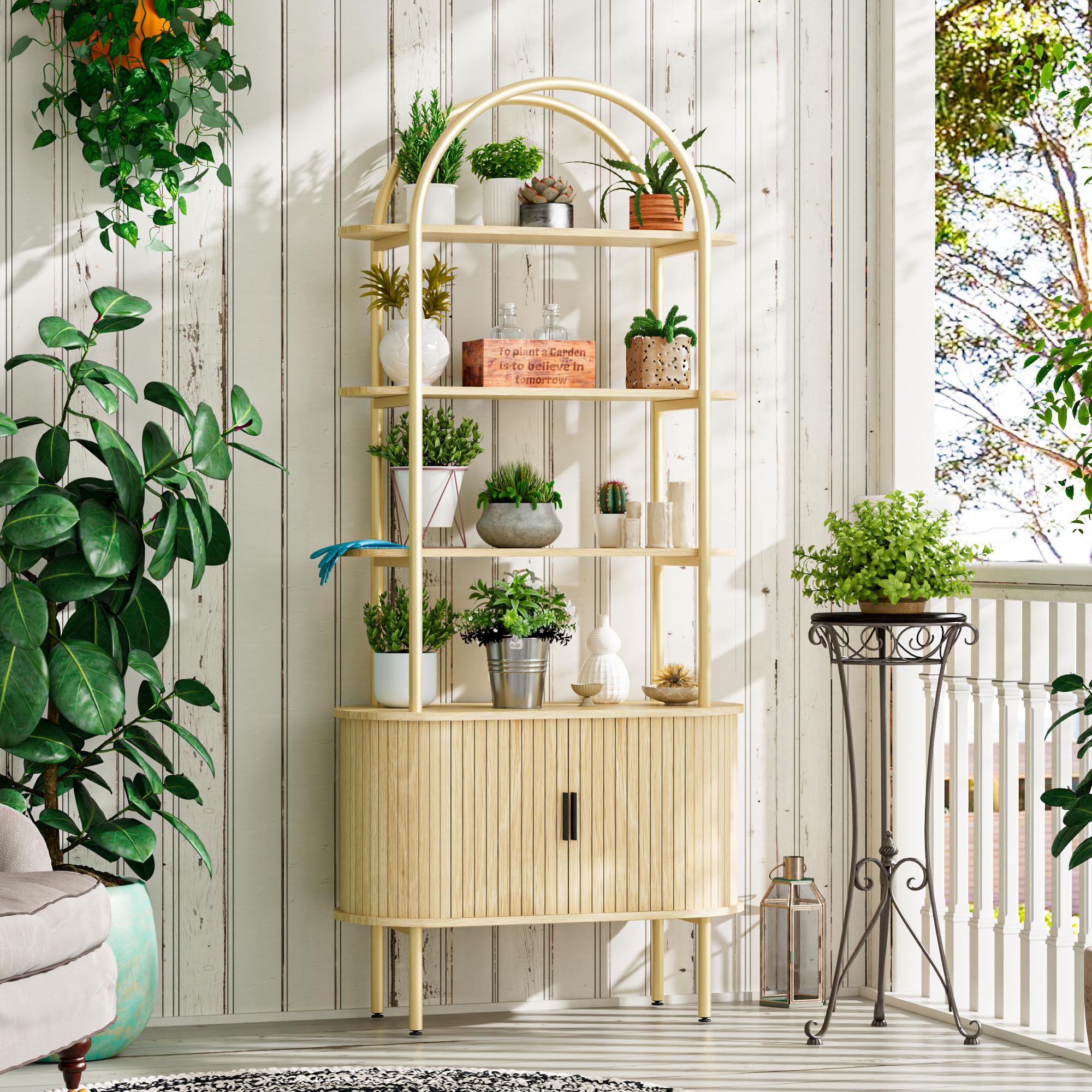 EAG 71" Tall Arched Bookshelf with Sliding Doors, Mid Century Modern Metal Curved Bookcase Cabinet with Storage, 4-Tier Open Display Storage Shelf for