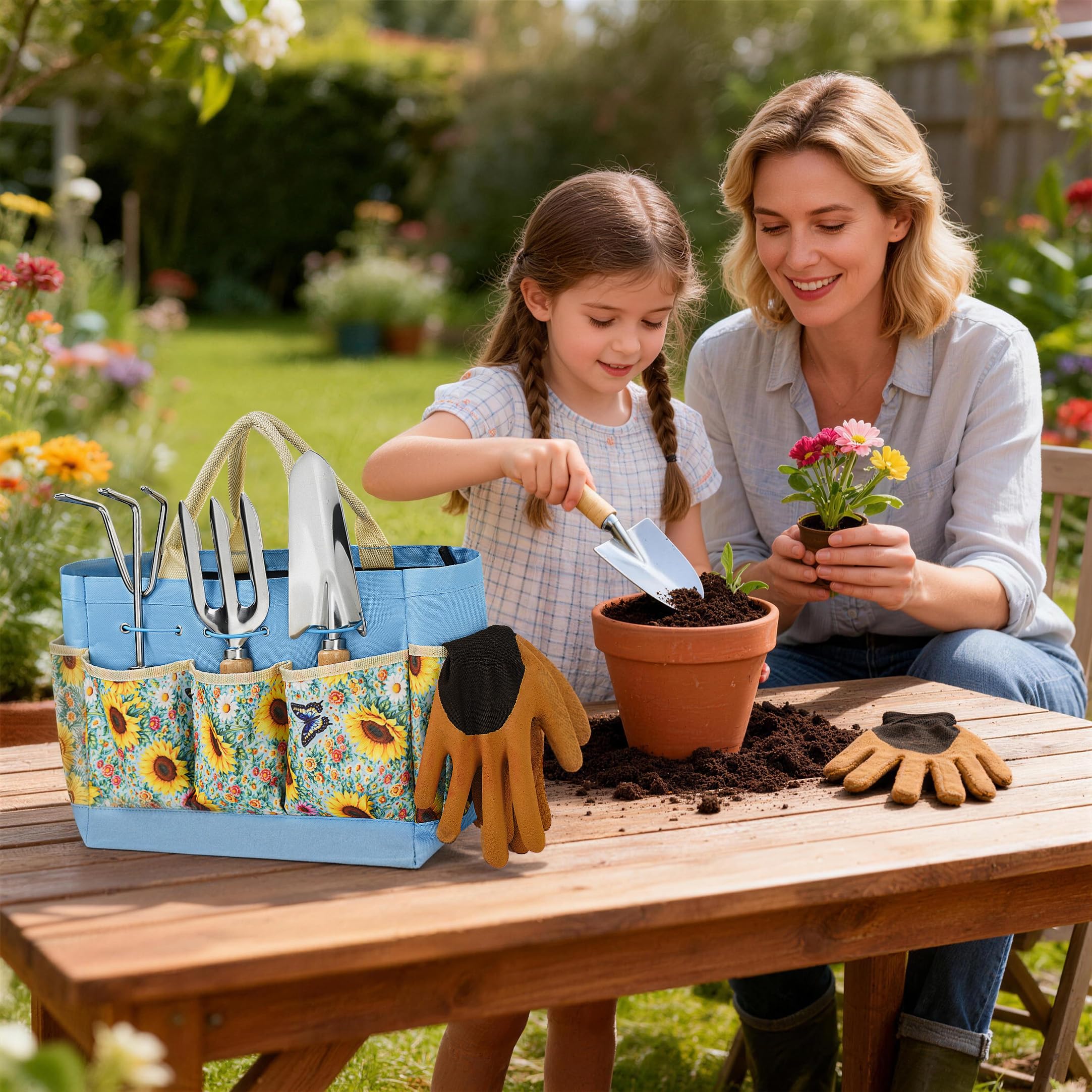 Juego de herramientas de jardinería de alto rendimiento, juego de herramientas de jardín de acero inoxidable de 9 piezas con asas ergonómicas antideslizantes y bolsa de almacenamiento resistente