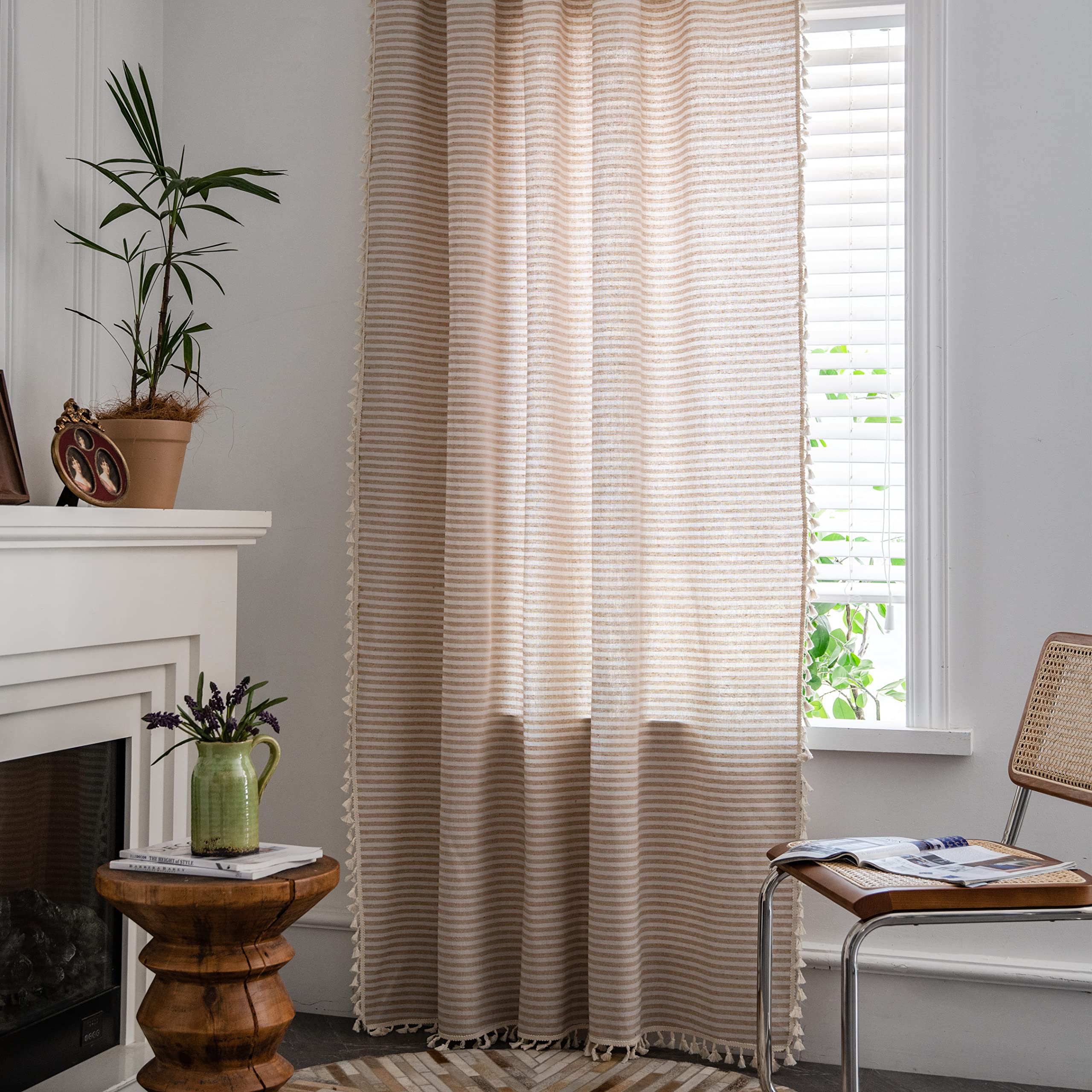 Sutuo Home Boho Curtain 84 Inches Length, Beige Stripes Print Curtain with Handmade Tassels, Rod Pocket Window Treatment Vintage Rustic Bohemian Farmhouse Drape for Bedroom 1 Panel 59" W x 84" L — image 1