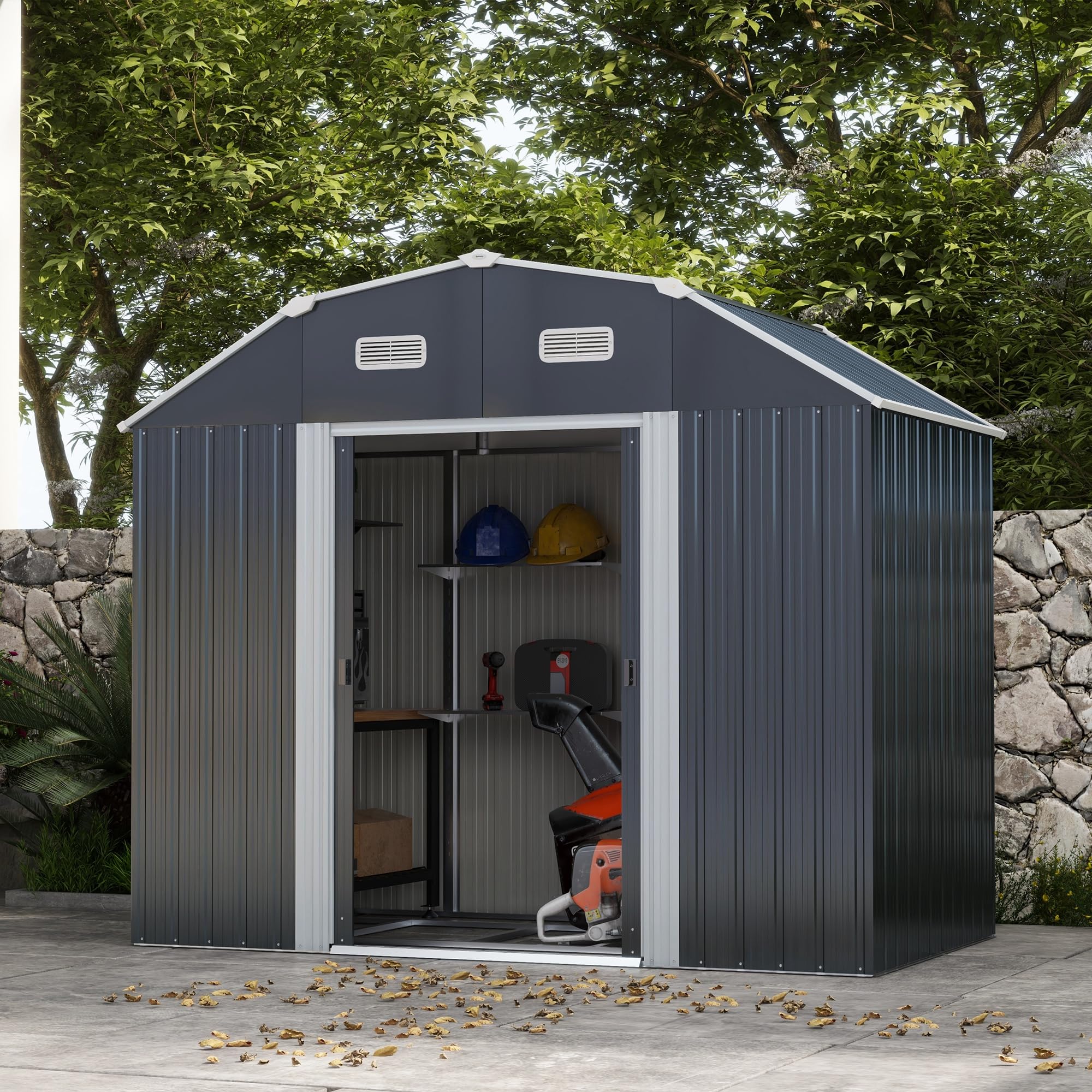 Outsunny Cobertizo de Jardín Exterior 2,7 m² 238x132x198,5 cm Caseta de Jardín para Exterior Metálica con Cerradura Base Estantes Ajustables 2 Ventanas y 2 Puertas Deslizantes Gris Oscuro