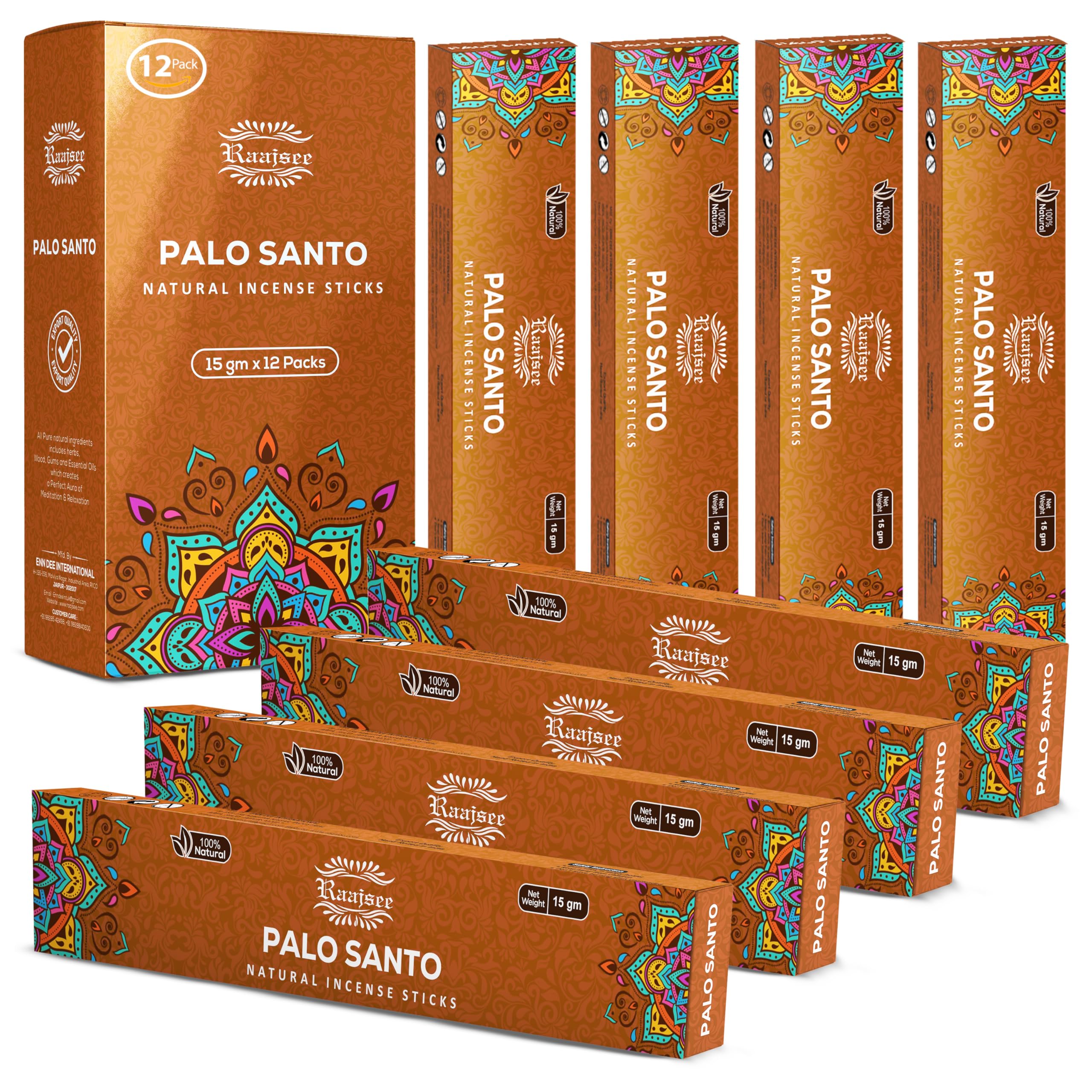 Raajsee Palo Santo Incense Sticks (180 GMS), 100% Pure Organic Natural Hand Rolled Free from Chemicals- Perfect for Aromatherapy, Cleansing, Meditation, and Church (Pack of 12)
