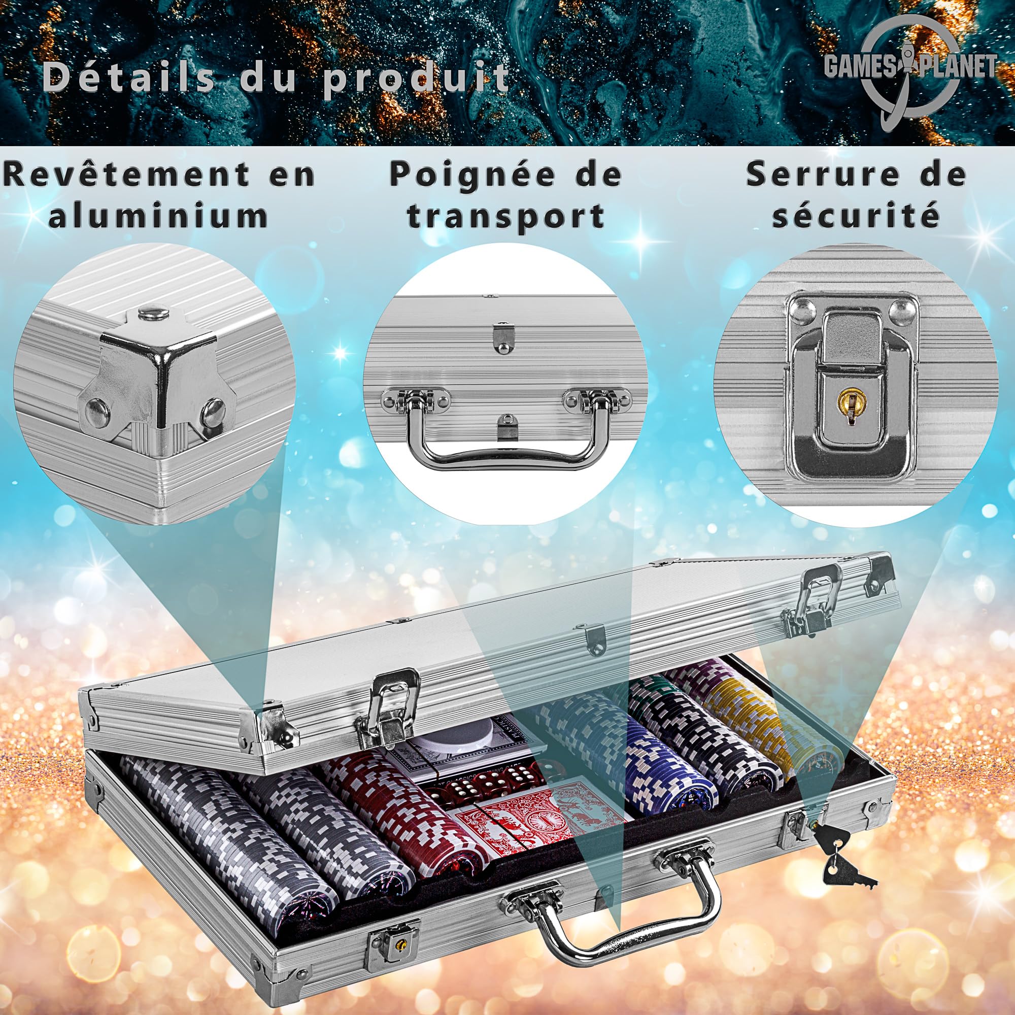 GAMES PLANET Mallette de Poker avec 300 jetons Laser, édition Argent/Or/Noir - Sélection: Argent
