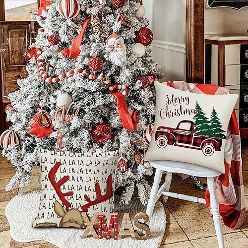 Miniatura 3 de Dixutzi Juego de 4 fundas de almohada navideñas de 18 x 18 pulgadas, diseño de árbol de Papá Noel, ciervo, muñeco de nieve, rústico, para invierno,