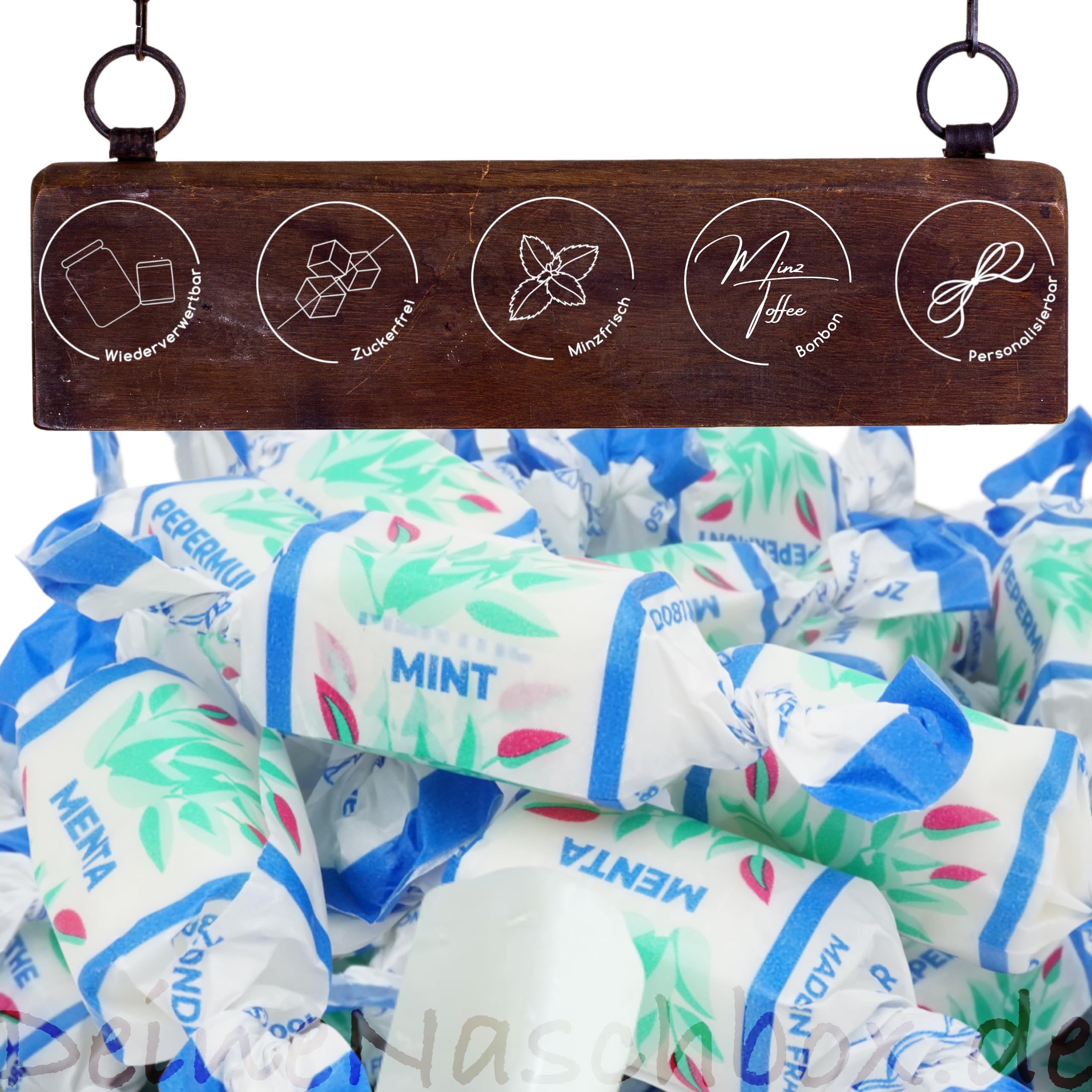 Deine Naschbox | Zuckerfreie Pfefferminz Toffee Bonbons | 1,5kg Mega Pot | XXL Großpackung für Party, Candybar & als Geschenk - Weiche Karamellen