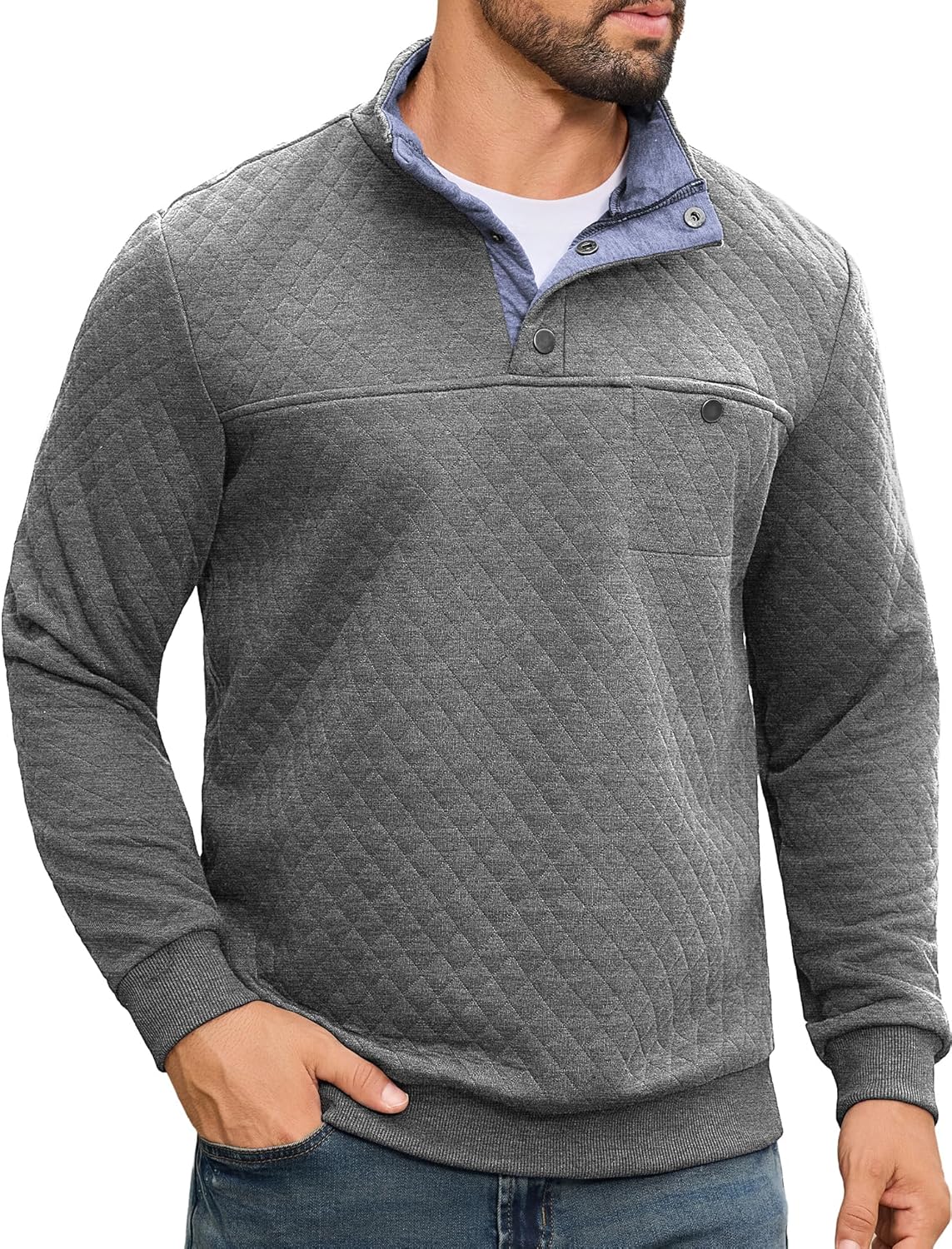 URRU Men’s Quilted Sweatshirt Contrast Stand Collar Casual Mock Neck Long Sleeve Quarter Botton Up Fall Pullover Sweater