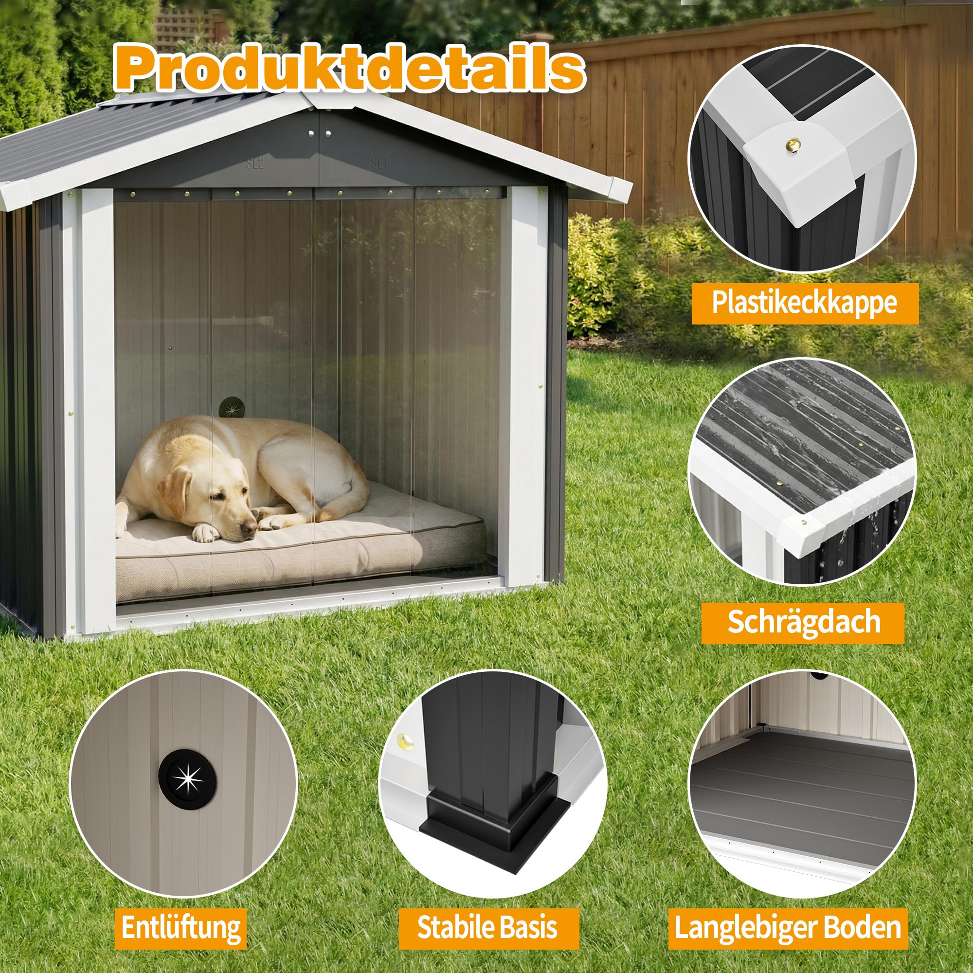 Hundehütte, Wetterfeste Hunde hausaus verzinktem Stahl, Hundehöhle mit Boden & Dach, für Garten Draußen, Anthrazit