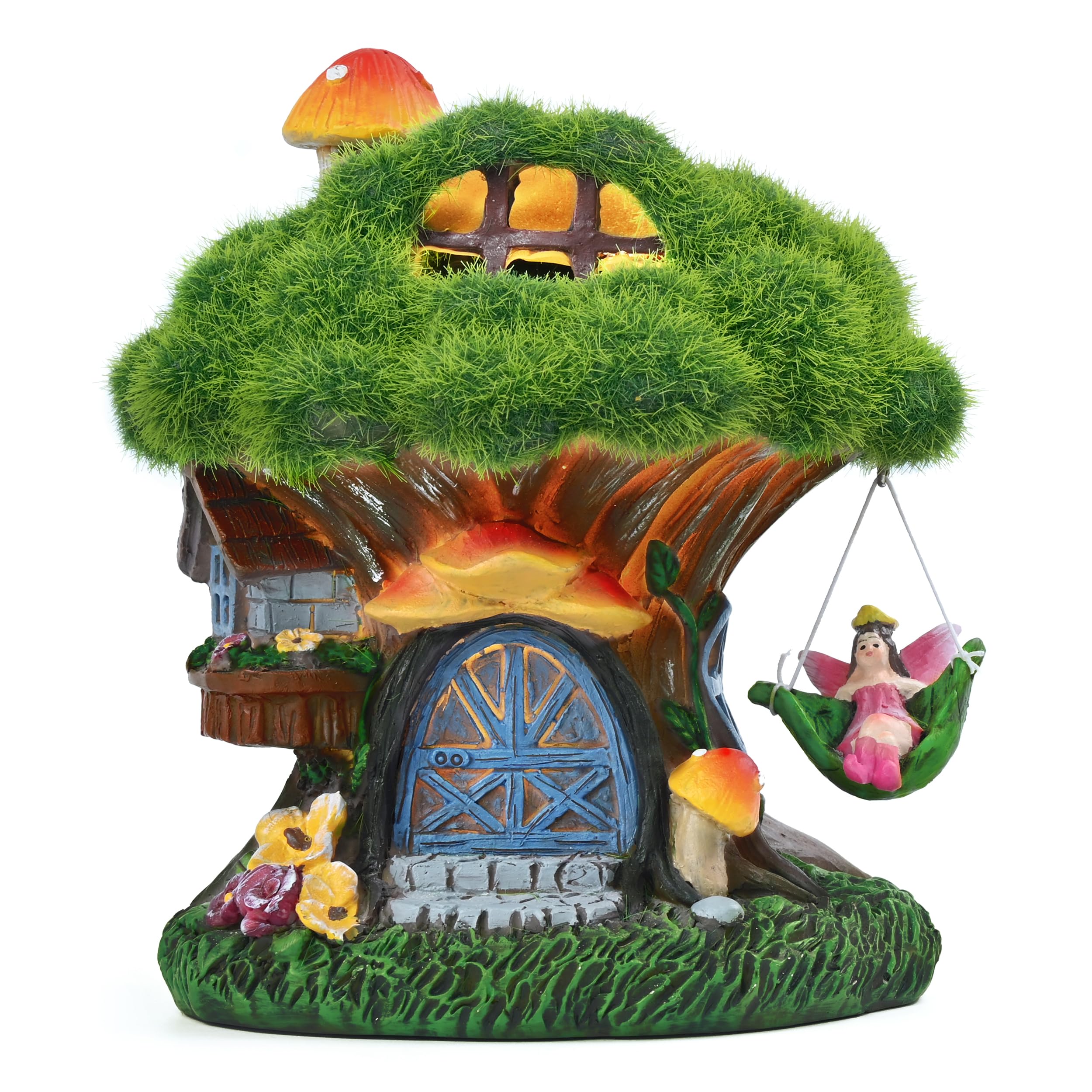 TERESA'S COLLECTIONS Fairy House Outdoor Statues with Solar Light for Garden Decor, Green Moss Resin Outdoor Cottage with Swinging Fairy, Lawn Ornaments Yard Decor Gifts for Mom Women, 5.1"
