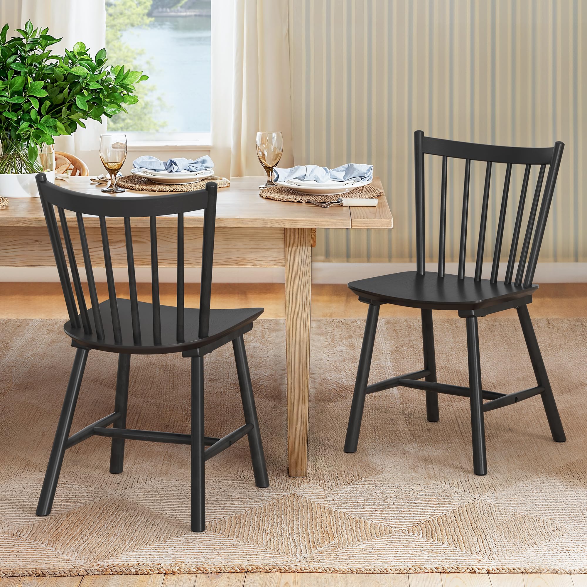 LUE BONA Upgraded Dining Chairs Set of 2, Farmhouse Wooden Spindle Back Kitchen Chairs, Windsor Dining Chairs for Kitchen and Dining Room, Black