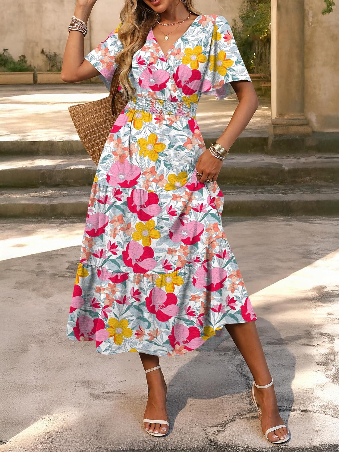 Caracilia Womens Summer Midi Dresses Casual A Line Wrap V Neck Short Sleeve Flowy Tiered Party Vacation Dress with Pockets - Image 3