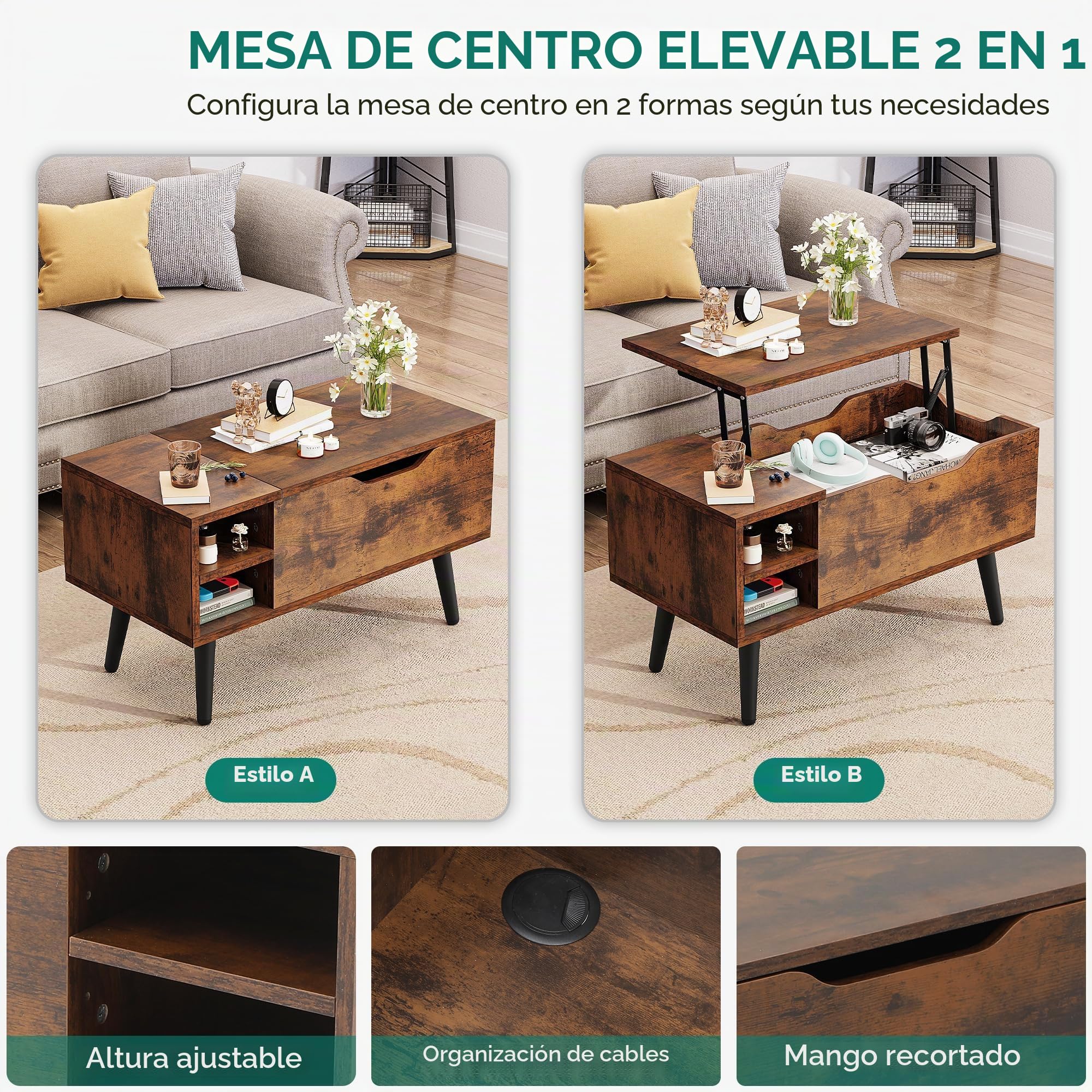 YITAHOME Mesa de Centro Elevable con Compartimento Oculto, Estante de Almacenamiento Ajustable, Elevador de Resorte, Mesa de Centro con Almacenamiento para Sala de Estar, 80x40x61,5cm, Marrón Rústico