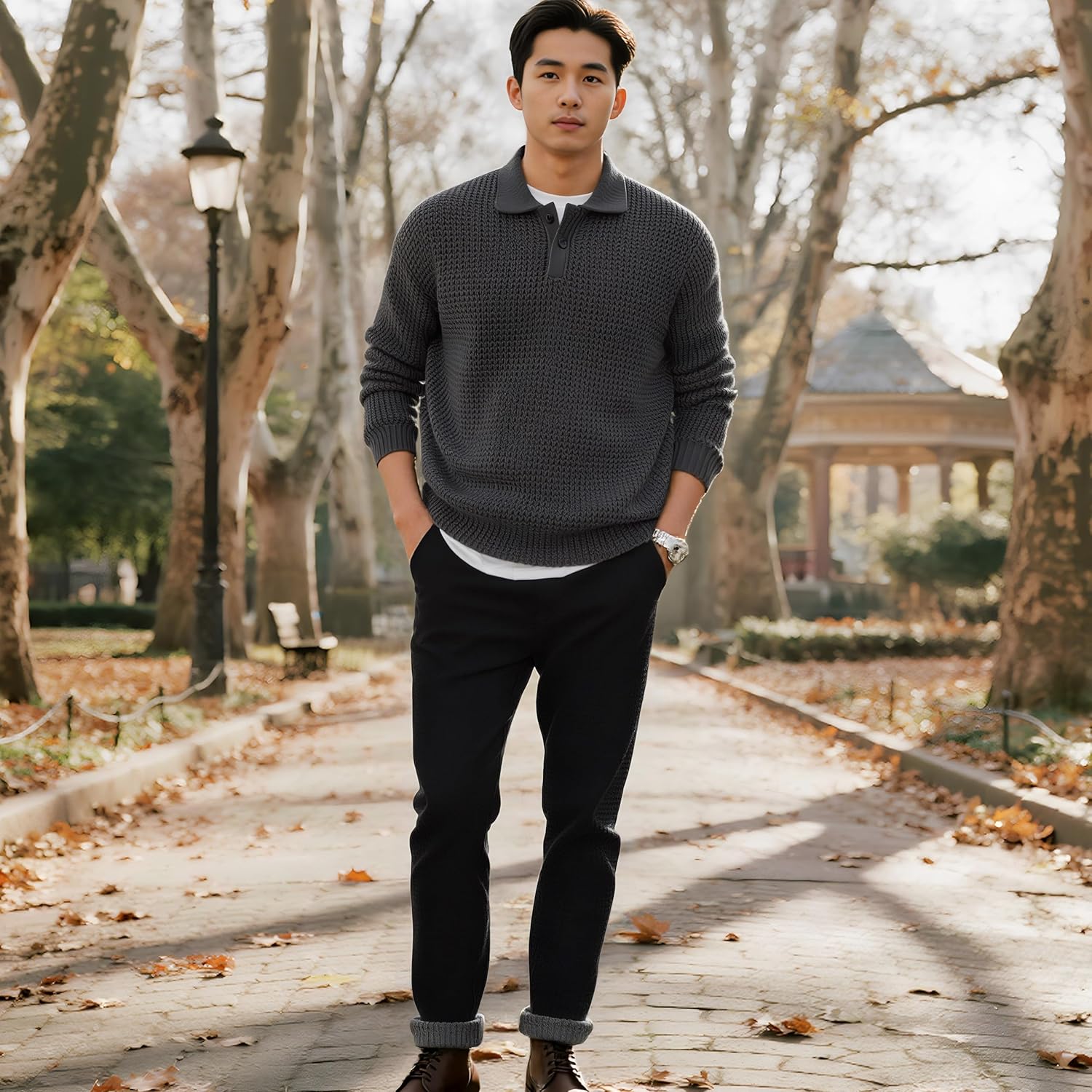 Mens Collar Pullovers Sweater Cable Knitted Winter Fashion Buttons Thermal Sweaters - Image 6