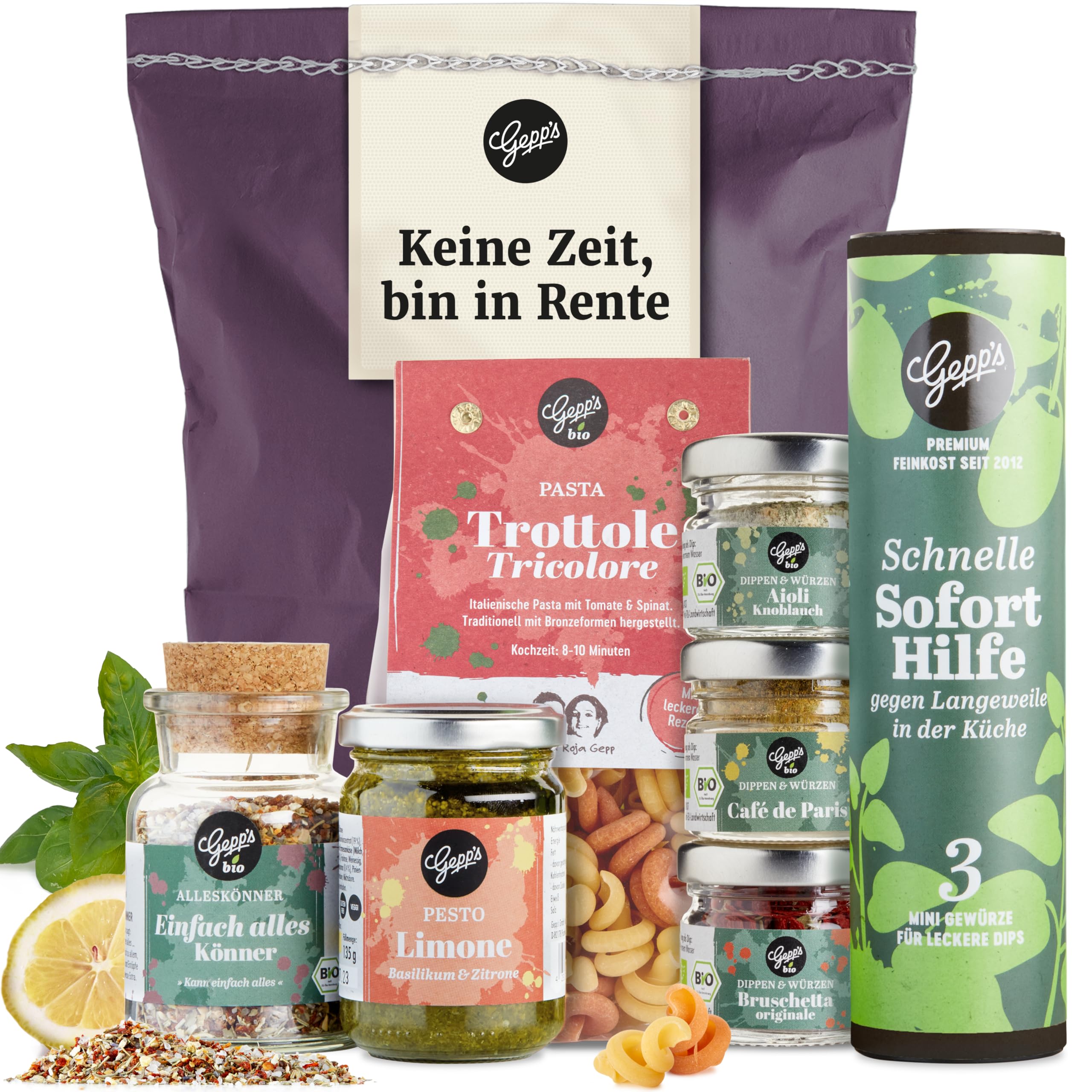 Gepp's Feinkost Rentenbox Geschenkkorb für den Ruhestand mit Pasta, Pesto und Delikatessen