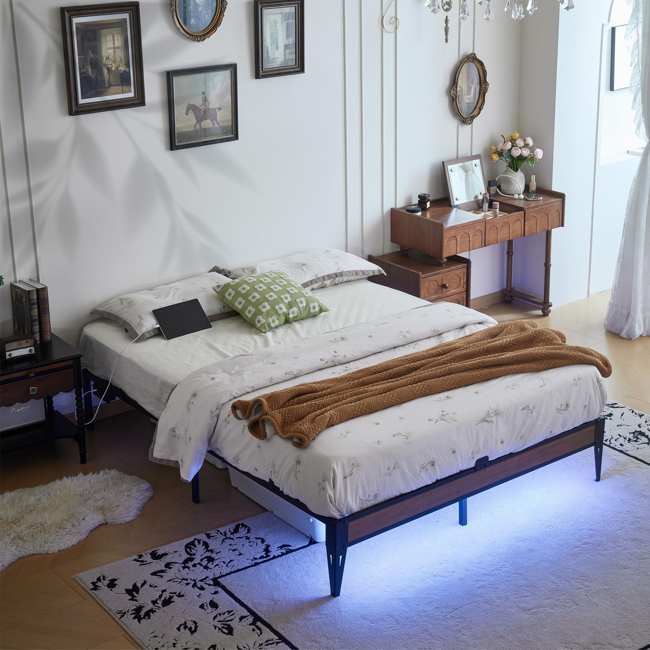 Simgrace Full Metal Platform Bed Frame with LED Light Strip & Charging Station, 12.6” Heavy Duty Steel Slat Support, Noise-Free, Anti-Slip Mattress