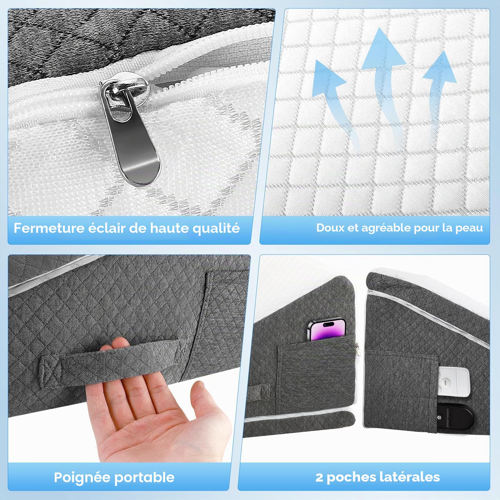 Coussin Incliné Réglable - Oreiller Ergonomique en Mousse Mémoire 50x50x26cm, Coussin de Lecture pour Canapé/Lit, Support pour Assise et Jambes, Housse Lavable, pour Détente du Cou et du Dos