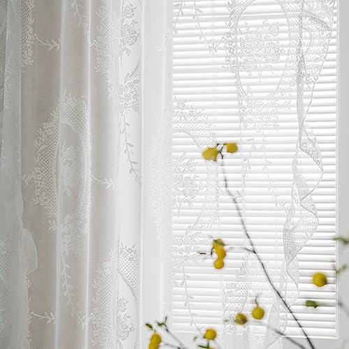 Miniatura 4 de Sutuo Home Juego de 2 cortinas de encaje blanco de 96 pulgadas de largo, paneles transparentes con bordado floral de rosas, par de ventana de gasa