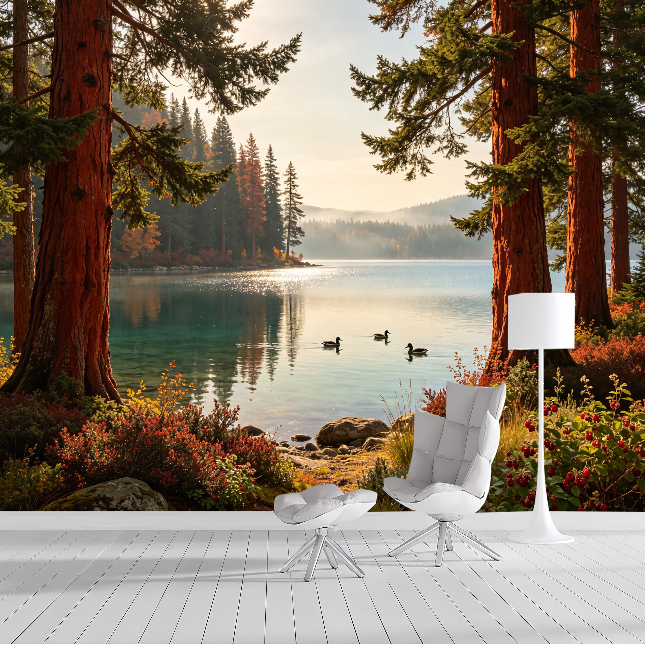 Custom Size Wall Mural Serene Lake Forest Sunrise Ducks Landscape Painting SelfAdhesive Wall Fabric Removable Peel and Stick Wallpaper Wall Decor for Living Room Bedroom Bathroom