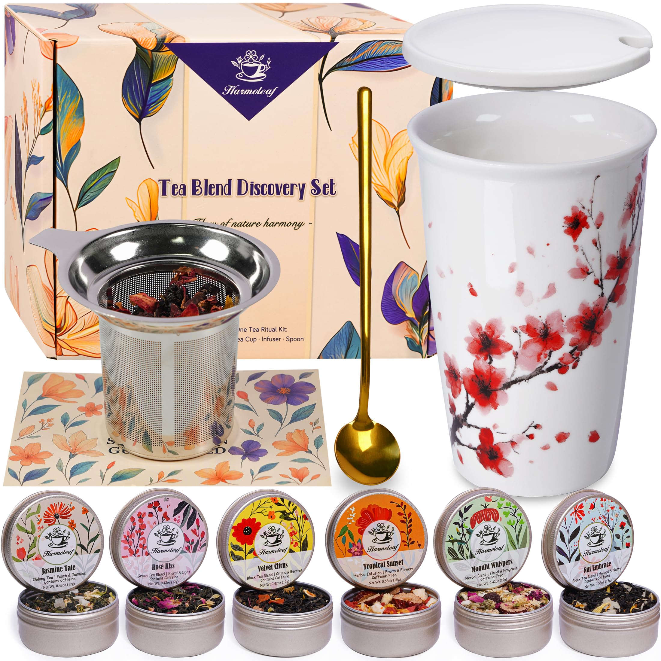 Harmoleaf Coffret cadeau Discovery Collection – 6 mélanges artisanaux à base de plantes avec tasse en céramique à double paroi, cuillère à mélanger et passoire | Échantillon de thé en vrac bio
