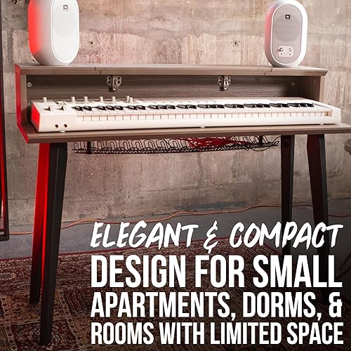 Vista 8 de Gator Frameworks Elite Series - Escritorio con teclado de 61 notas con diseño abatible y paso de cable trasero, acabado gris madera flotante