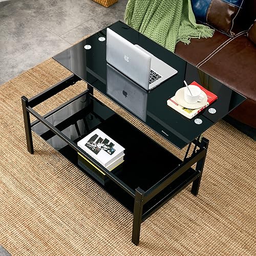 Meihua Mesa de centro de cristal con compartimento de almacenamiento y estantes abiertos separados mesa de elevación para sala de estar hogar