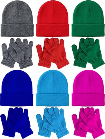 Glooarm 12 Pack Kids Winter Beanies Hats Gloves Set, Boys Warm Winter Caps Knit Full Fingers Gloves for Boys Girls