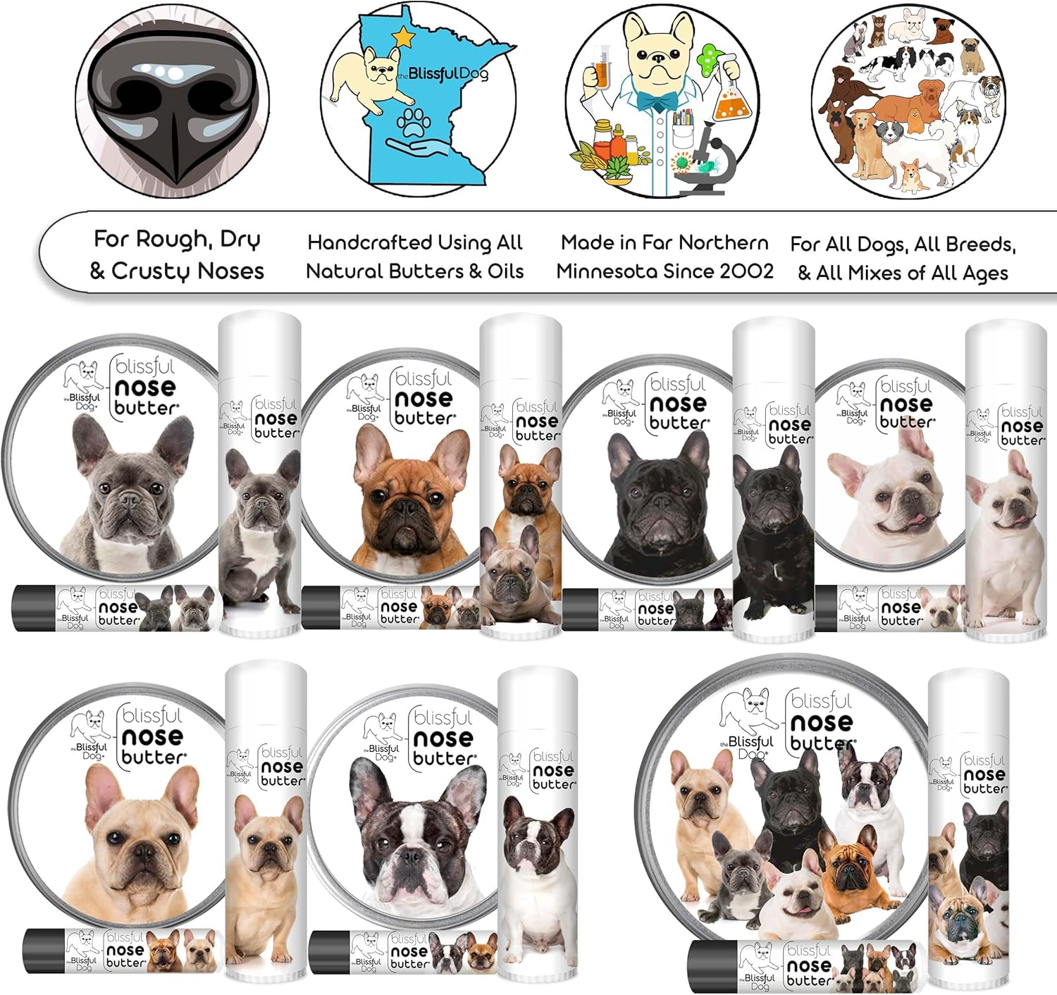 The Blissful Dog Blue French Bulldog Nose Butter, Versatile Dog Nose Balm for Dry Nose, Handcrafted Nose Moisturizer, Easy-to-Apply Dog Essentials, Unscented, 8 oz.