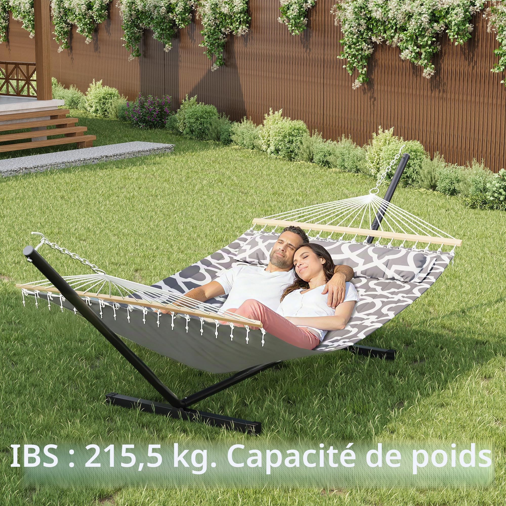 Hamac avec Support sur Pied XXL, Hamac Double 2 Personnes, Structure Acier Stable 18kg, Toile Élargie 300x100cm, Charge 200kg, pour Jardin, Terrasse, Camping, Intérieur