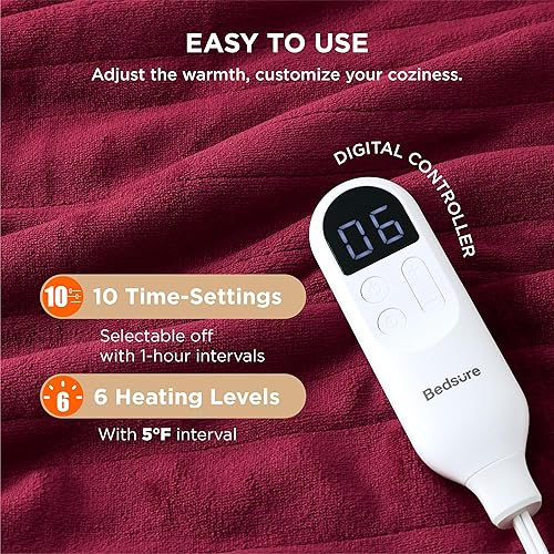 Vista 273 de Bedsure - Manta eléctrica tamaño matrimonial; térmica, de franela suave, calentamiento rápido, 10 ajustes de tiempo y 6 ajustes de calor; regalo 01