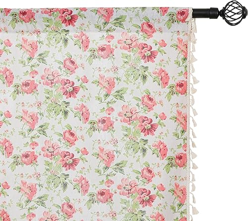 Miniatura 18 de Cenefa de mezcla de lino floral para ventana de 20 pulgadas de largo, cenefas de cortina de cocina con borlas, rosa rosa, retro, elegante, cortinas