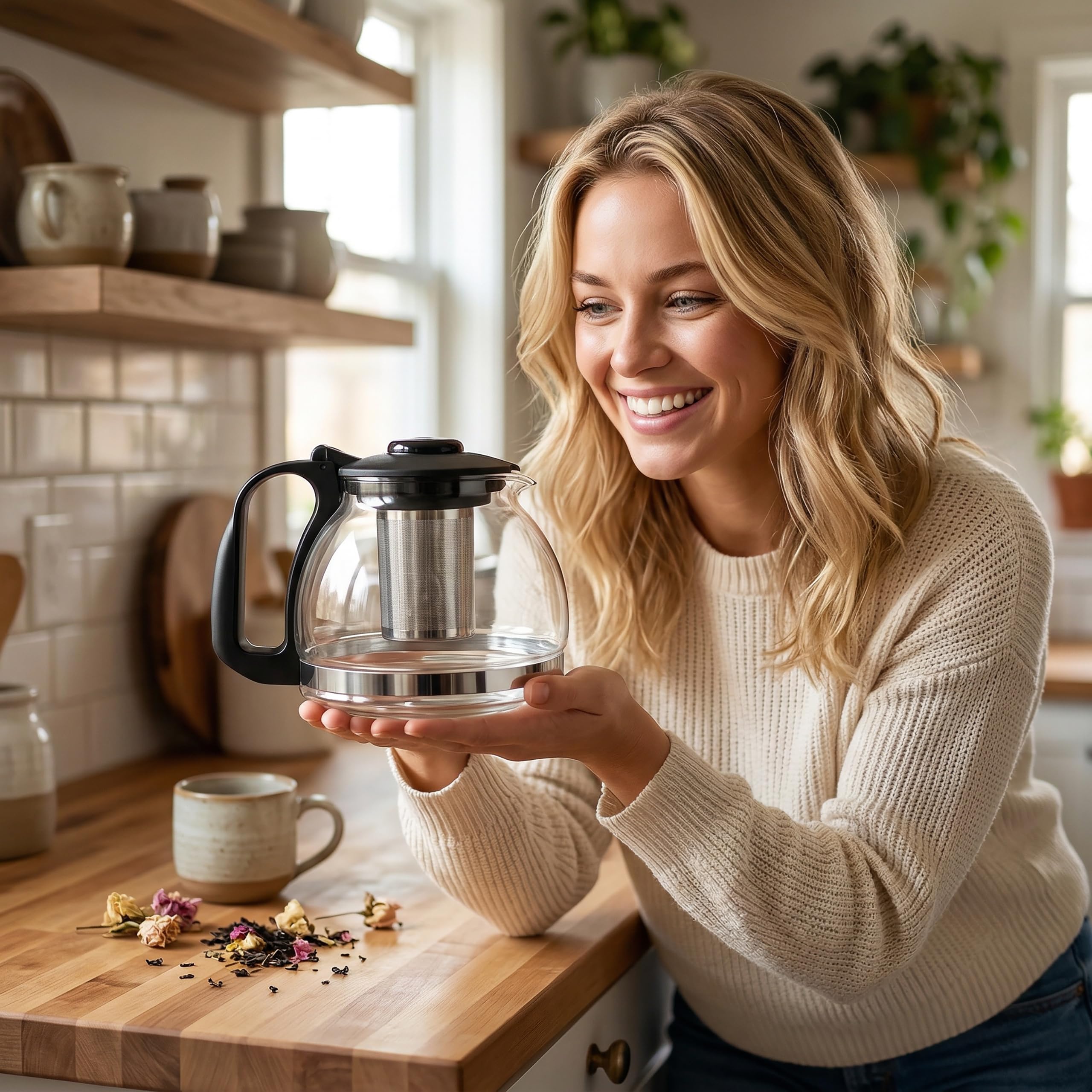 Lantelme Teekanne Borosilikatglas mit Deckel 1,25 Liter mit Siebeinsatz tropffrei und hitzebeständig | Glaskanne für Kräutertee Früchtetee und Teezubereitung | Glas Kanne mit Sieb für Tee und Kaffee