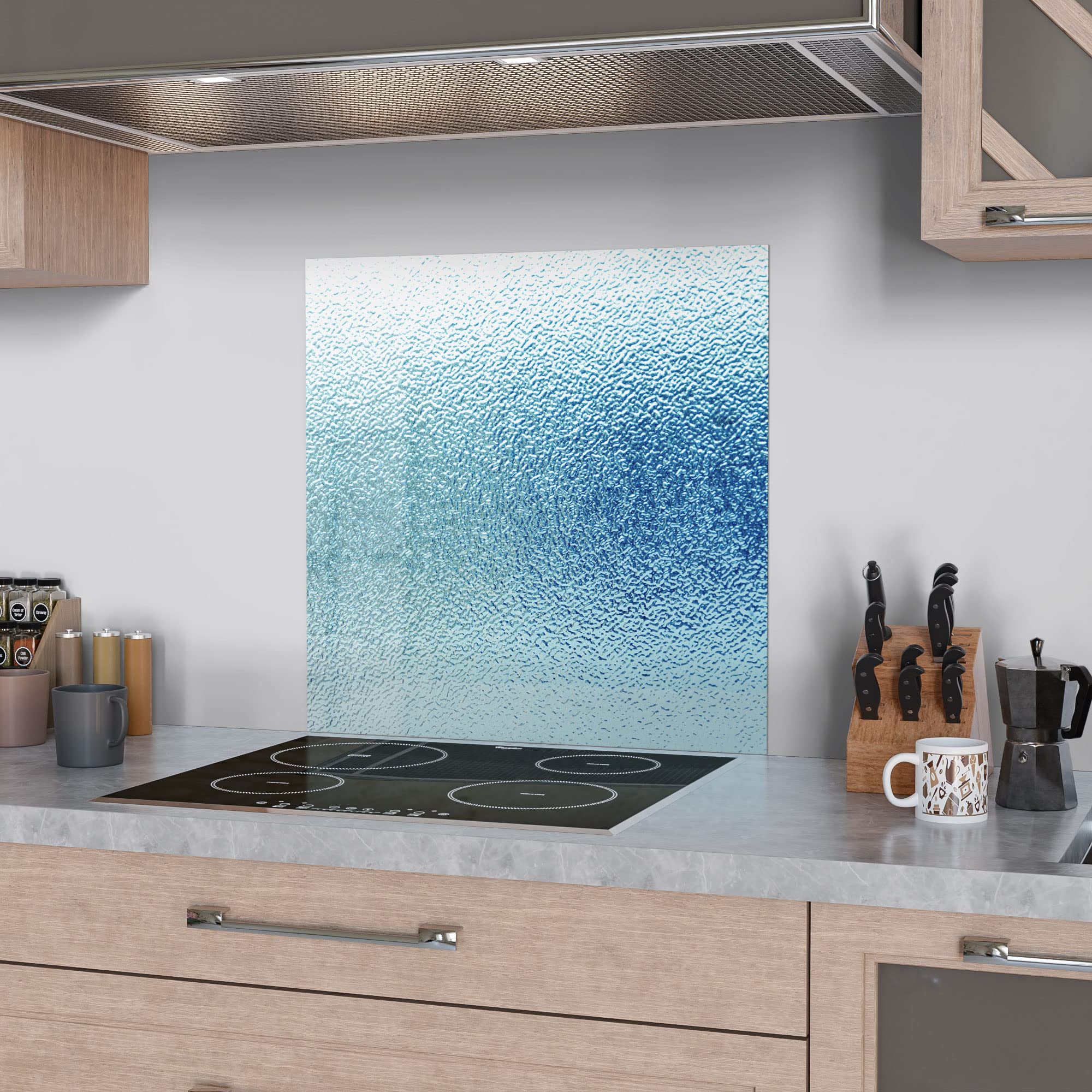 DEQORI Pannello posteriore per cucina in vetro, motivo vetro smerigliato con incisione blu, 60 x 60 cm, pannello posteriore per bagno o stufa, paraspruzzi per cucina e bagno, decorazione moderna per