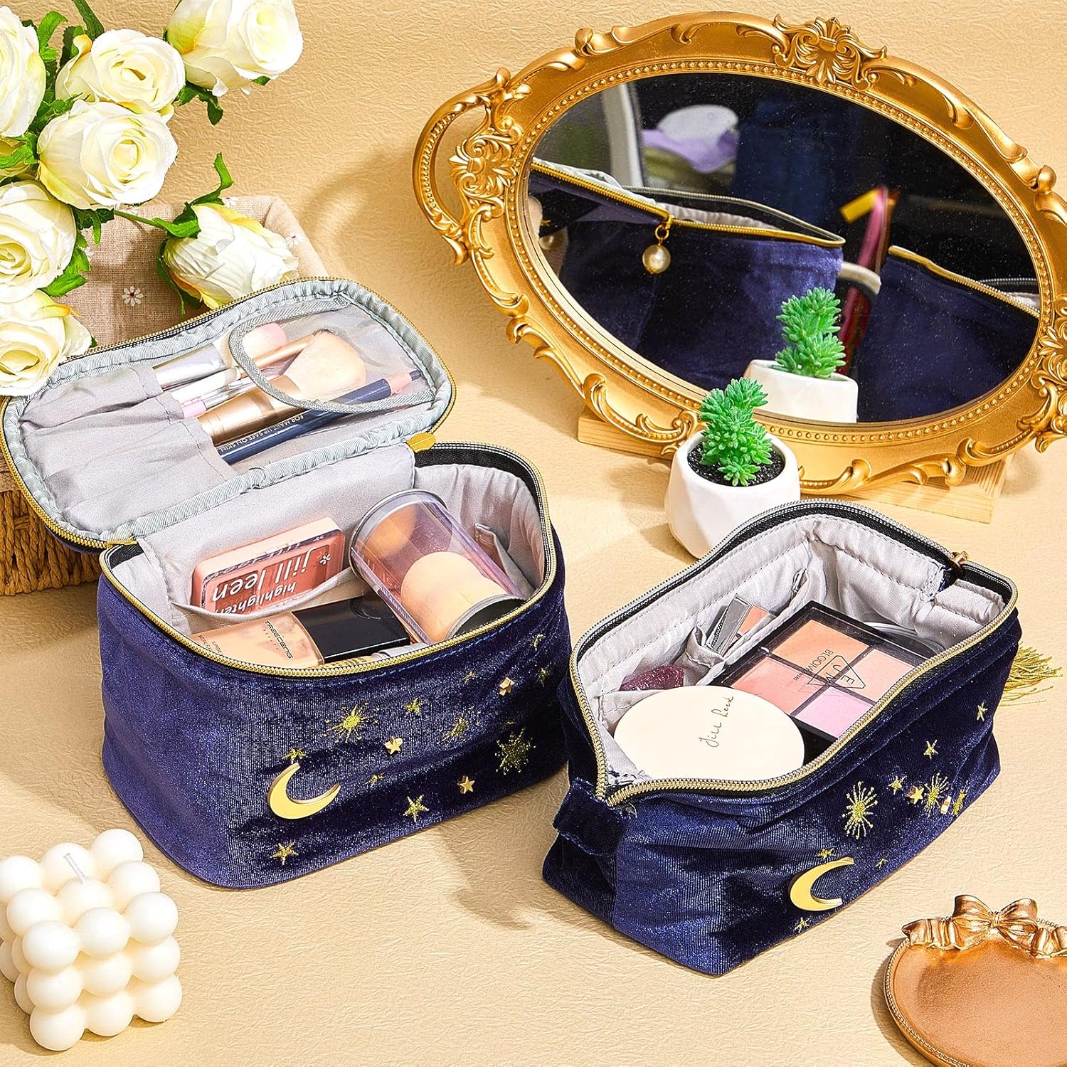 Patelai 2 Pcs Velvet Makeup Bag Moon Stars Cosmetic Bags Navy Blue Goth Embroidered Makeup Pouch Portable Travel Starry Pouch Toiletry Wash Bags Cute Storage Clutch Handbags for Women Gifts