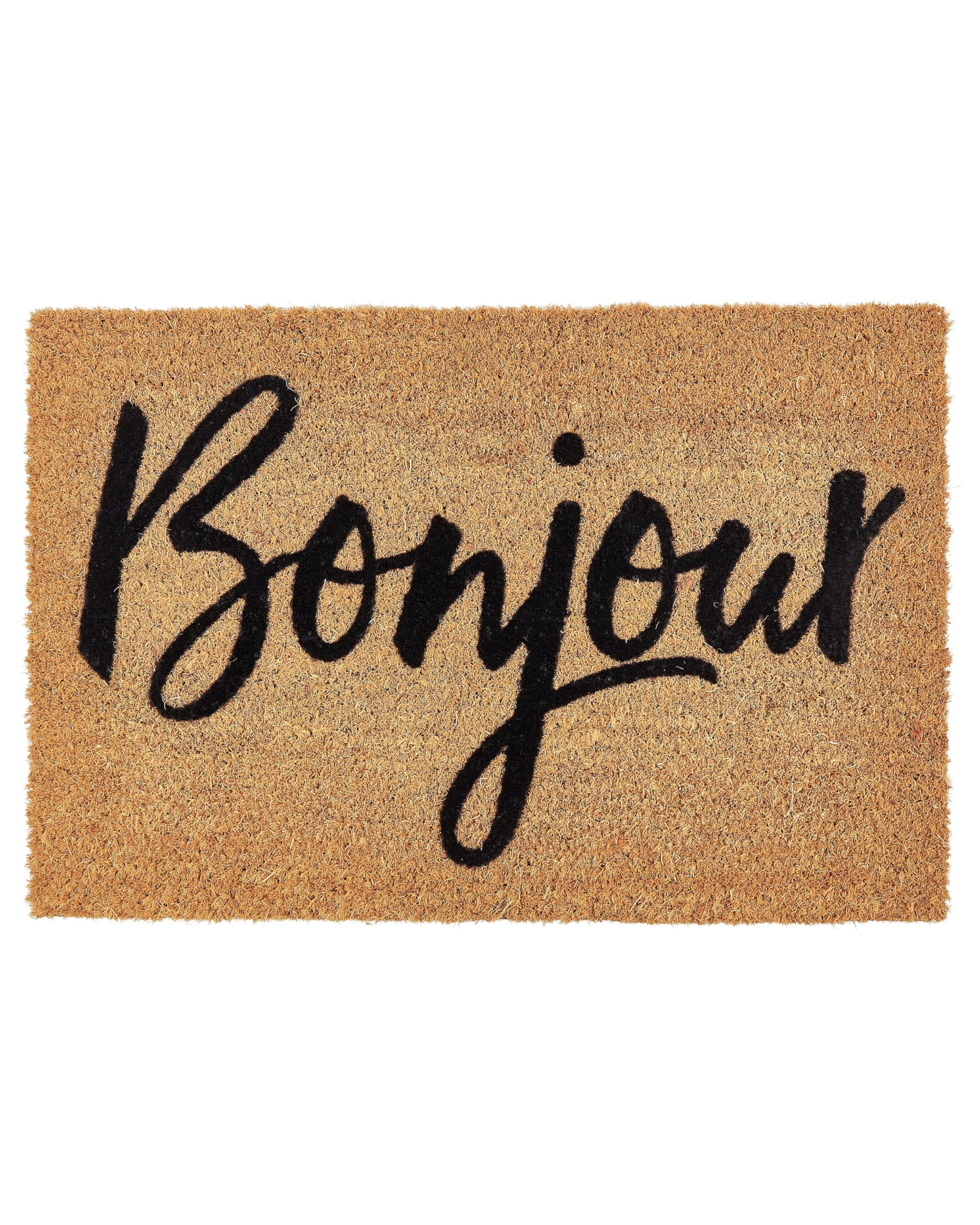 Beliani Moderne Fußmatte für den Innenbereich 40 x 60 cm Bonjour Text Motiv Kokosfaser Anti-Rutsch PVC-Rücken Natur Asir