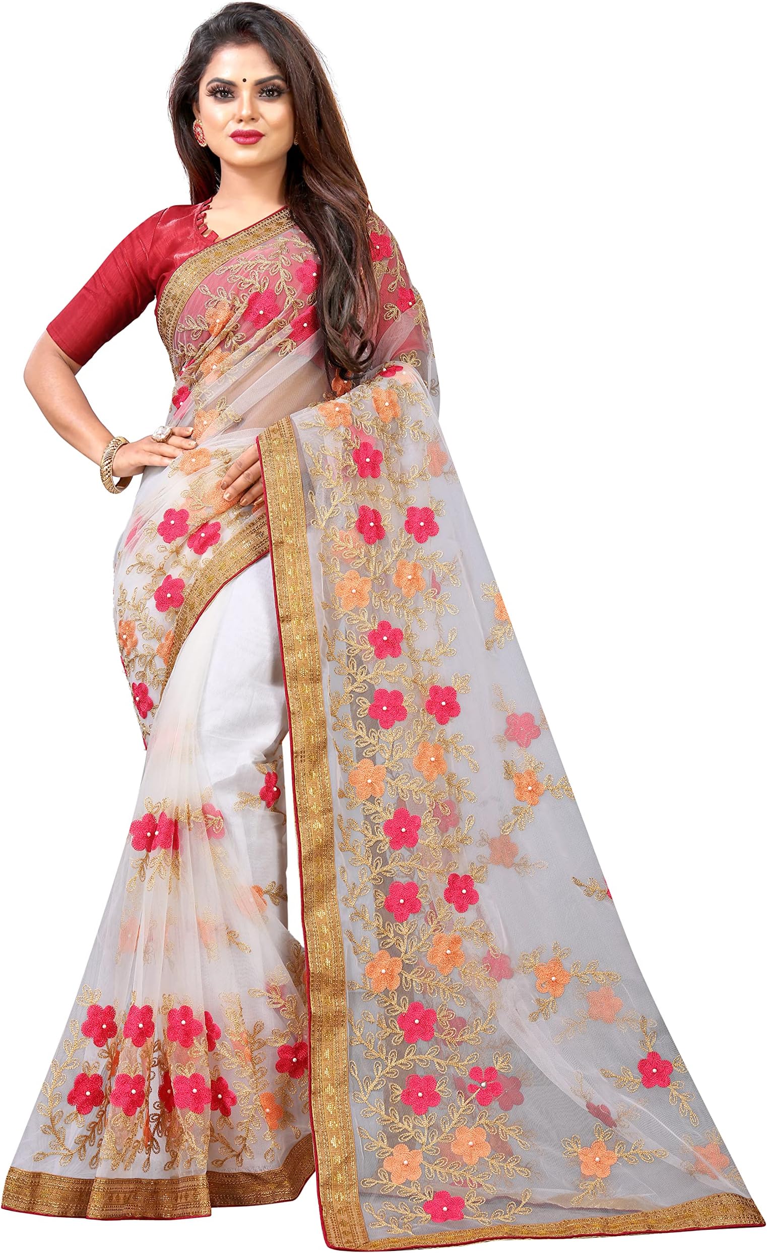 BARKIYA CREATION Women's Net Saree With Unstiched Blouse Piece