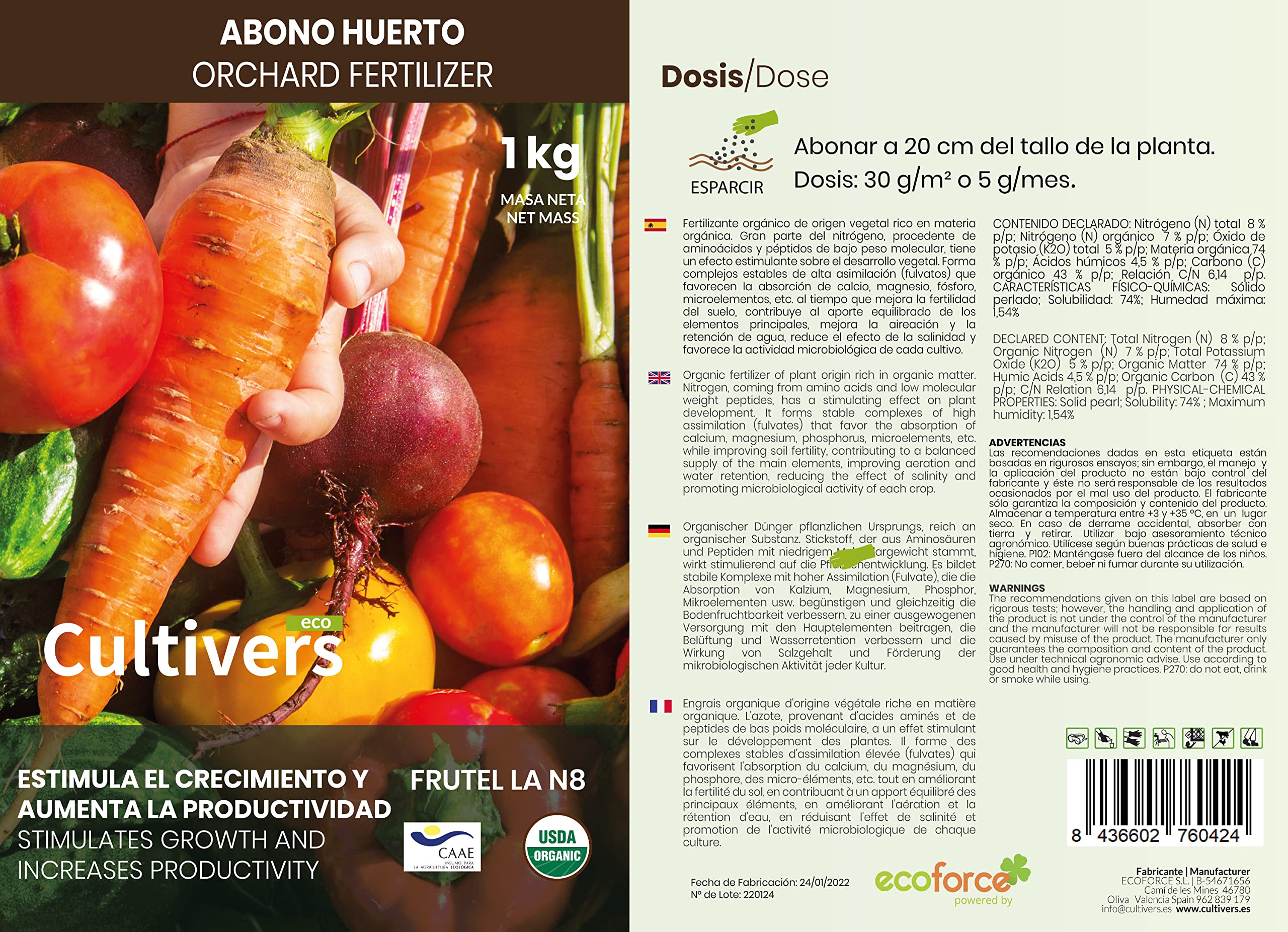 CULTIVERS Abono Huerto Ecológico de 1 Kg. Fertilizante de Origen 100% Orgánico y Natural Microgránulado. Mejora la Productividad de los Cultivos Liberación Lenta