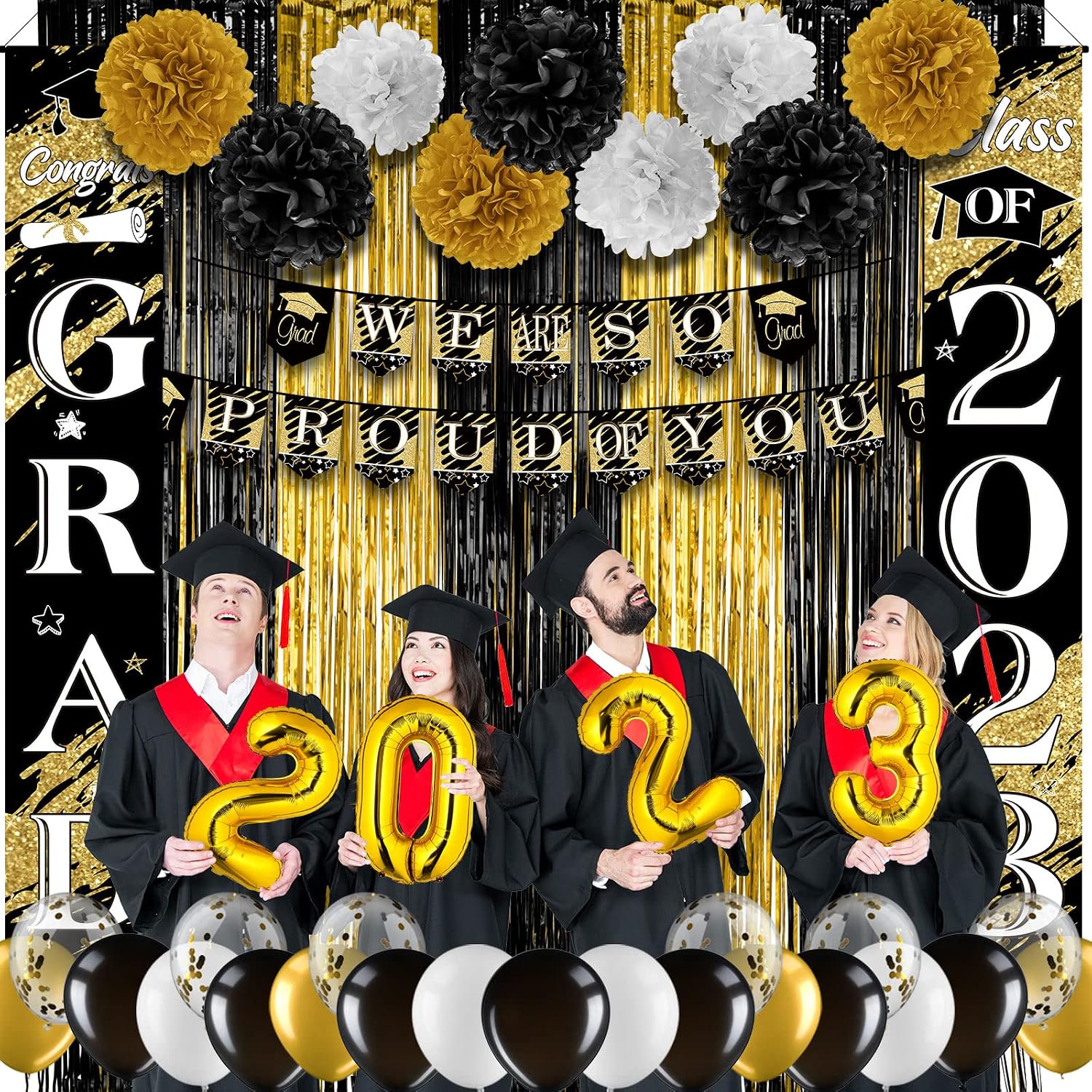 Graduation Party Decorations Class of 2023 Grad Party Supplies with Graduation Banner String Flag Fringe Foil Curtain Paper Flower Ball Balloon Garland for Congratulation Graduation (Black and Gold)