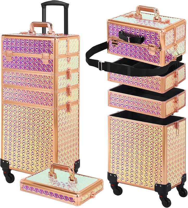 Maleta de maquiagem Somduy com rodinhas, estojo cosmético 5 em 1 com tampa, rosa-bright