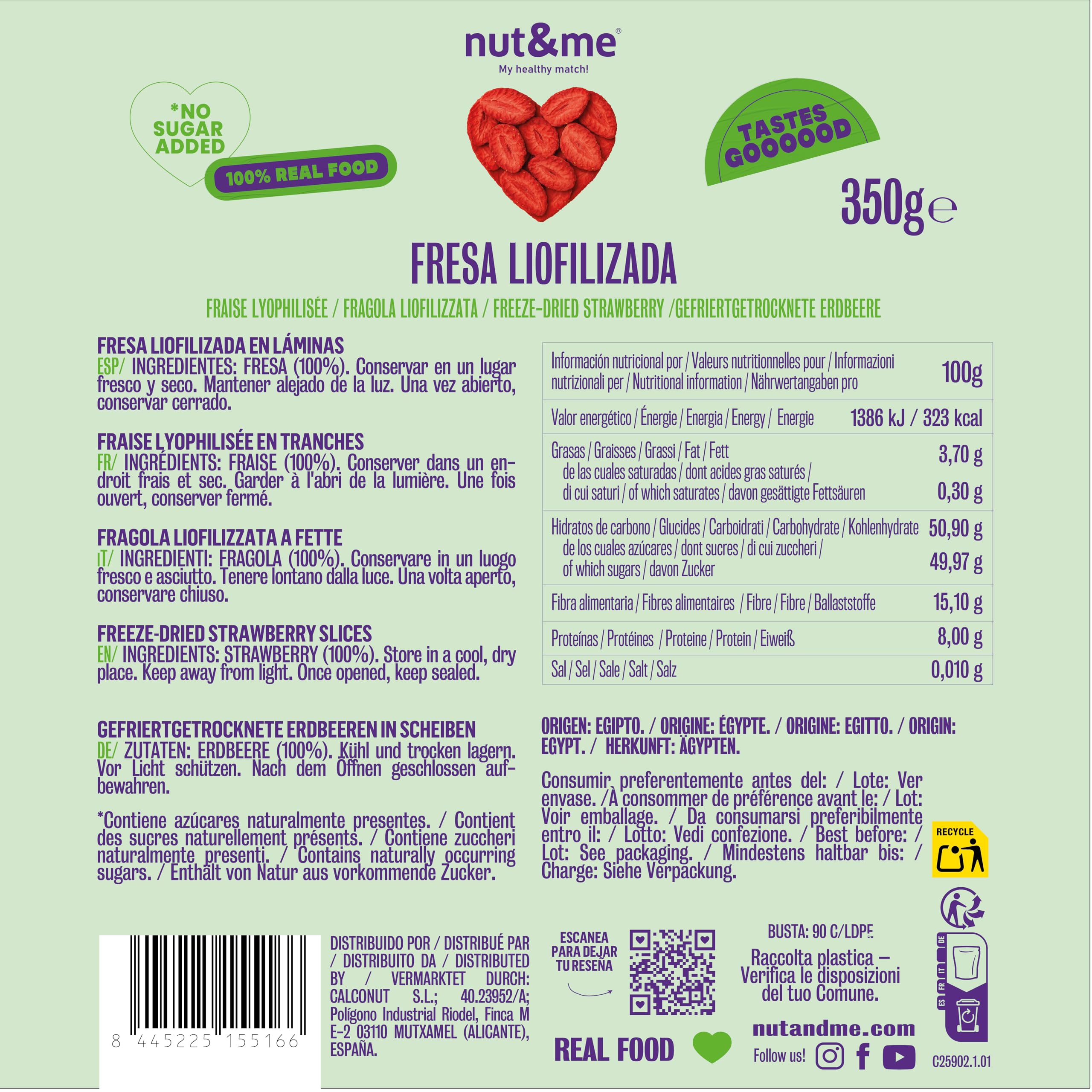 nut&me Fresa liofilizada en rodajas 350 gr | 100% Fresas naturales deshidratadas | Naturalmente dulces | Sin azúcares añadidos, aditivos, OGM y Gluten | Retenido de Vitaminas | Vegano